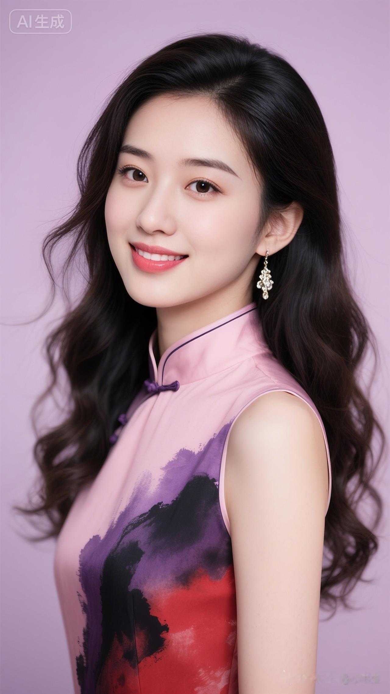 绝色红颜，肌肤白皙细腻光滑，长发微卷飘逸灵动。粉紫黑红四色水墨晕染立领华服，端庄