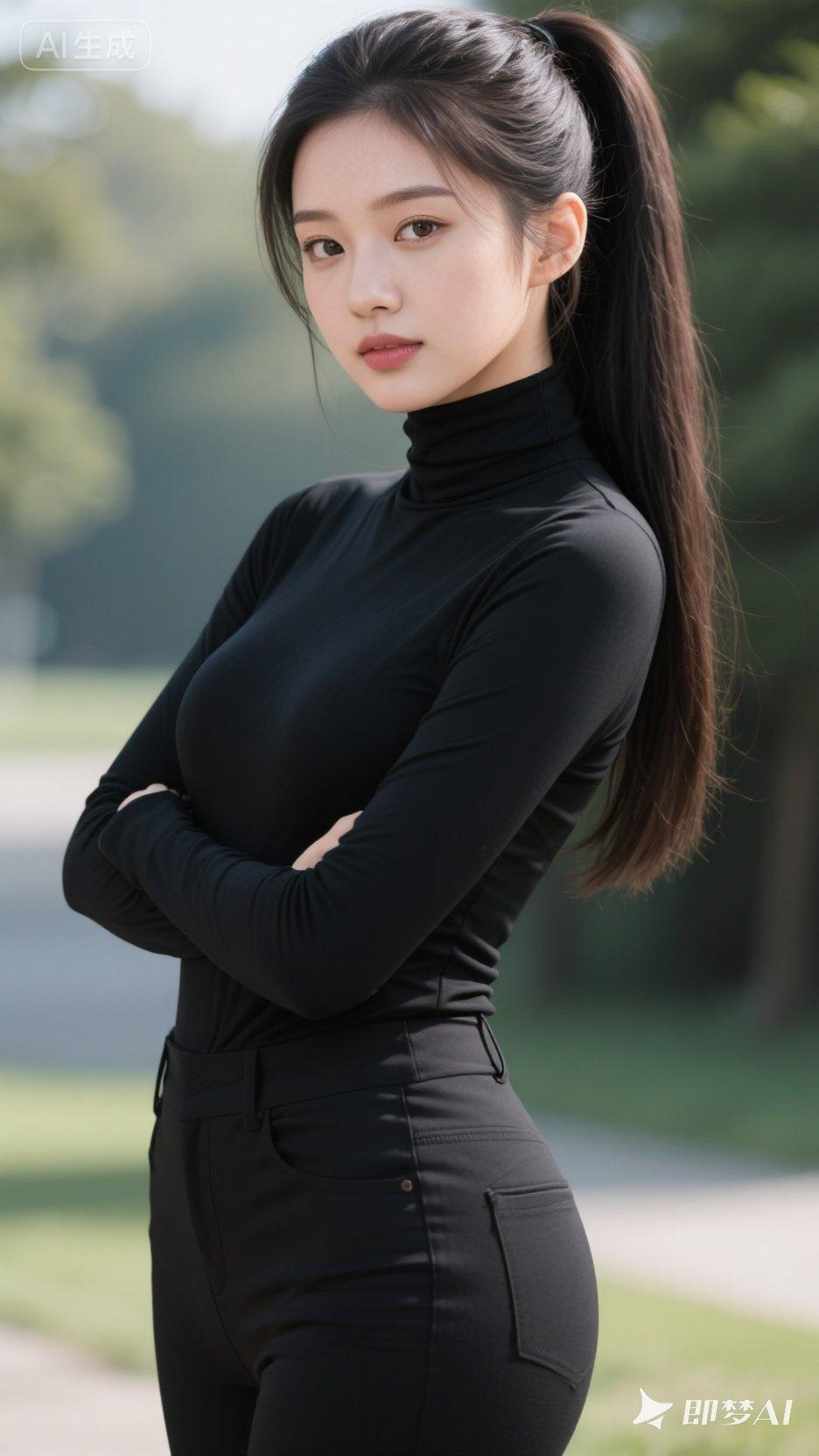 黑色高领衫搭配紧身裤，简约又时尚，尽显优雅气质！