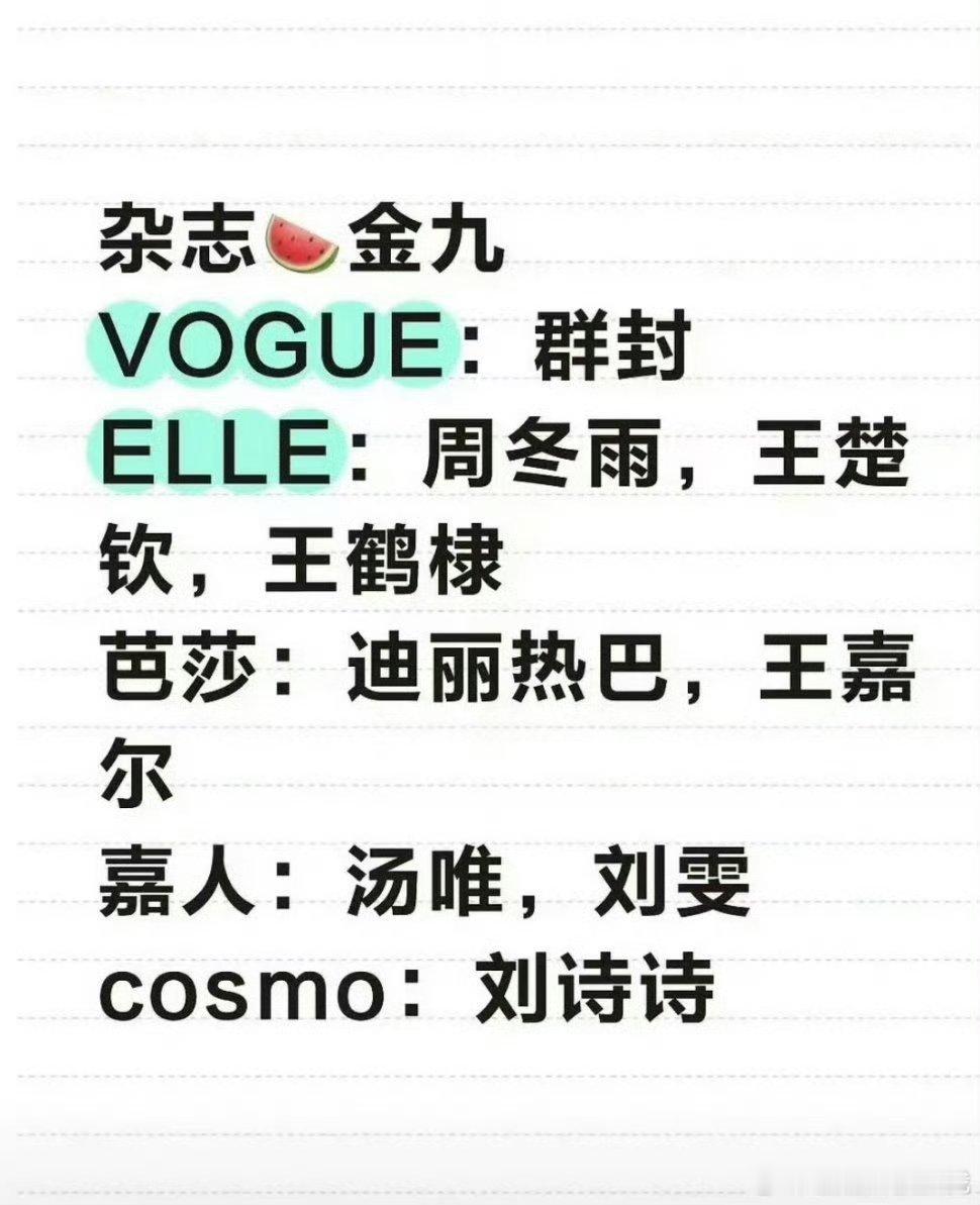 网传五大金九封名单VOGUE：群封ELLE：周冬雨，王楚钦，王鹤棣芭莎：迪丽热巴