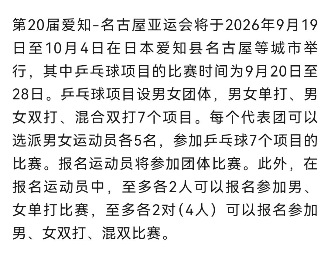 2026年名古屋亚运会 🦁王楚钦 第20届名古屋亚运会乒乓球项目🏓【比赛时间