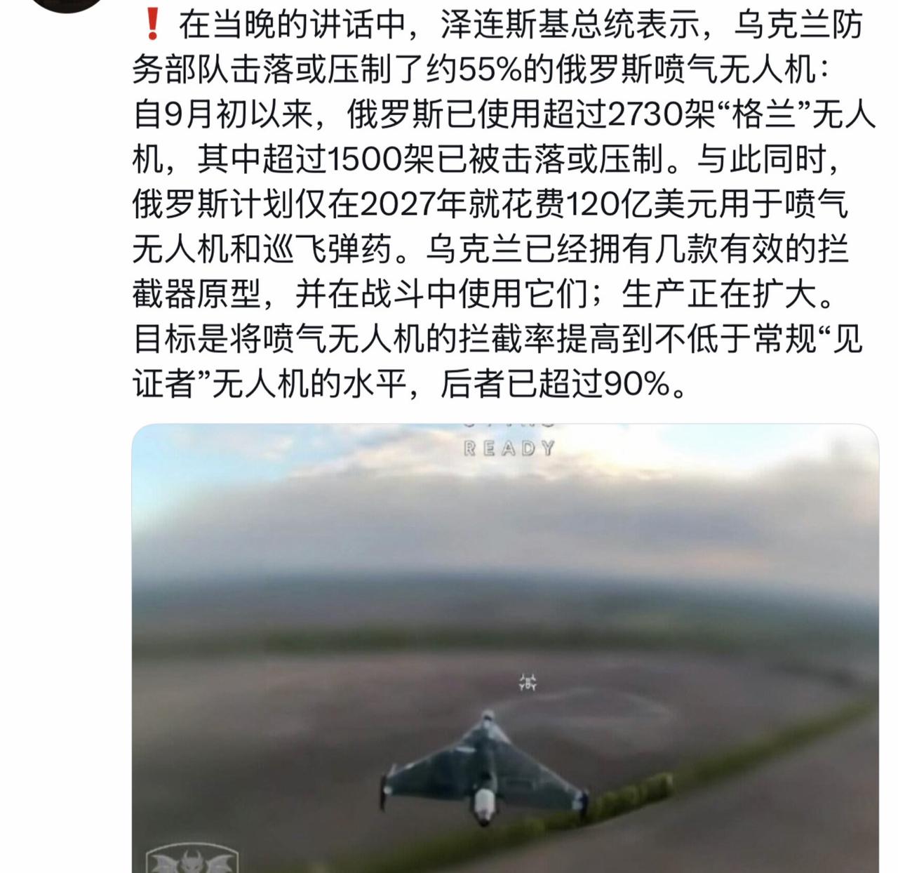 在当晚的讲话中，泽连斯基总统表示，乌克兰防务部队击落或压制了约55%的俄罗斯喷气