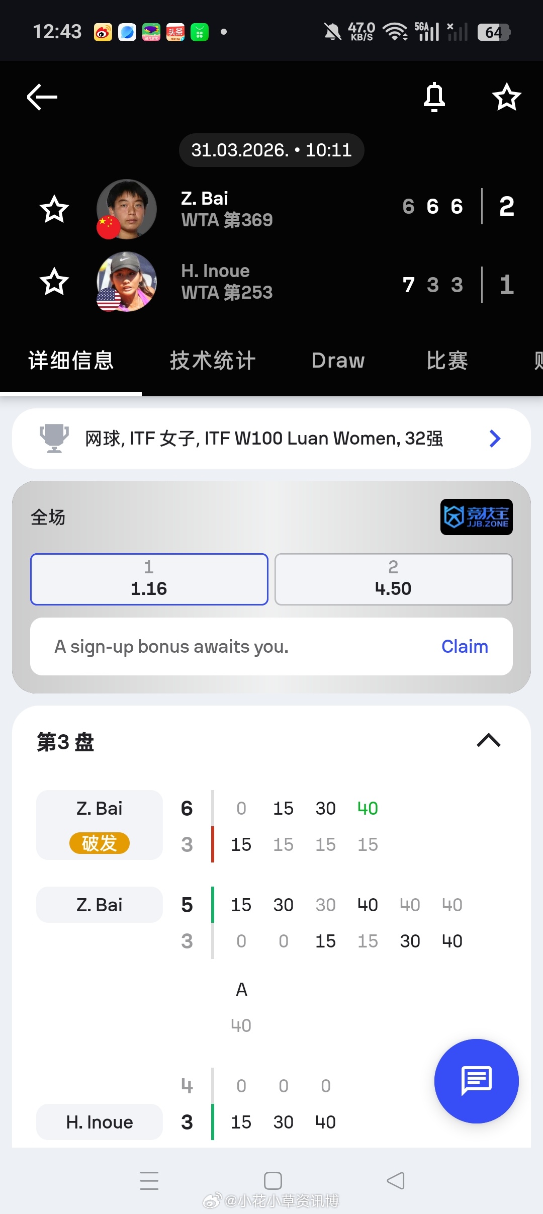小花小草资讯 【六安 W100】女单正赛第一轮🇨🇳白卓璇 6-7(3)6-3