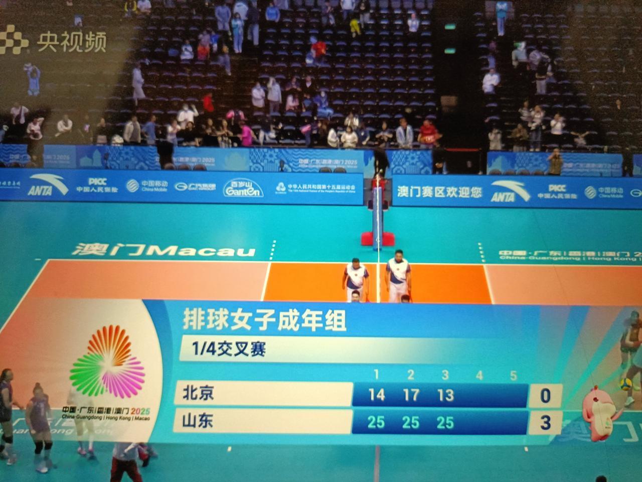 全运会女排1/4决赛，
山东女排3-0北京女排，
到目前为止，
山东女排在全运会