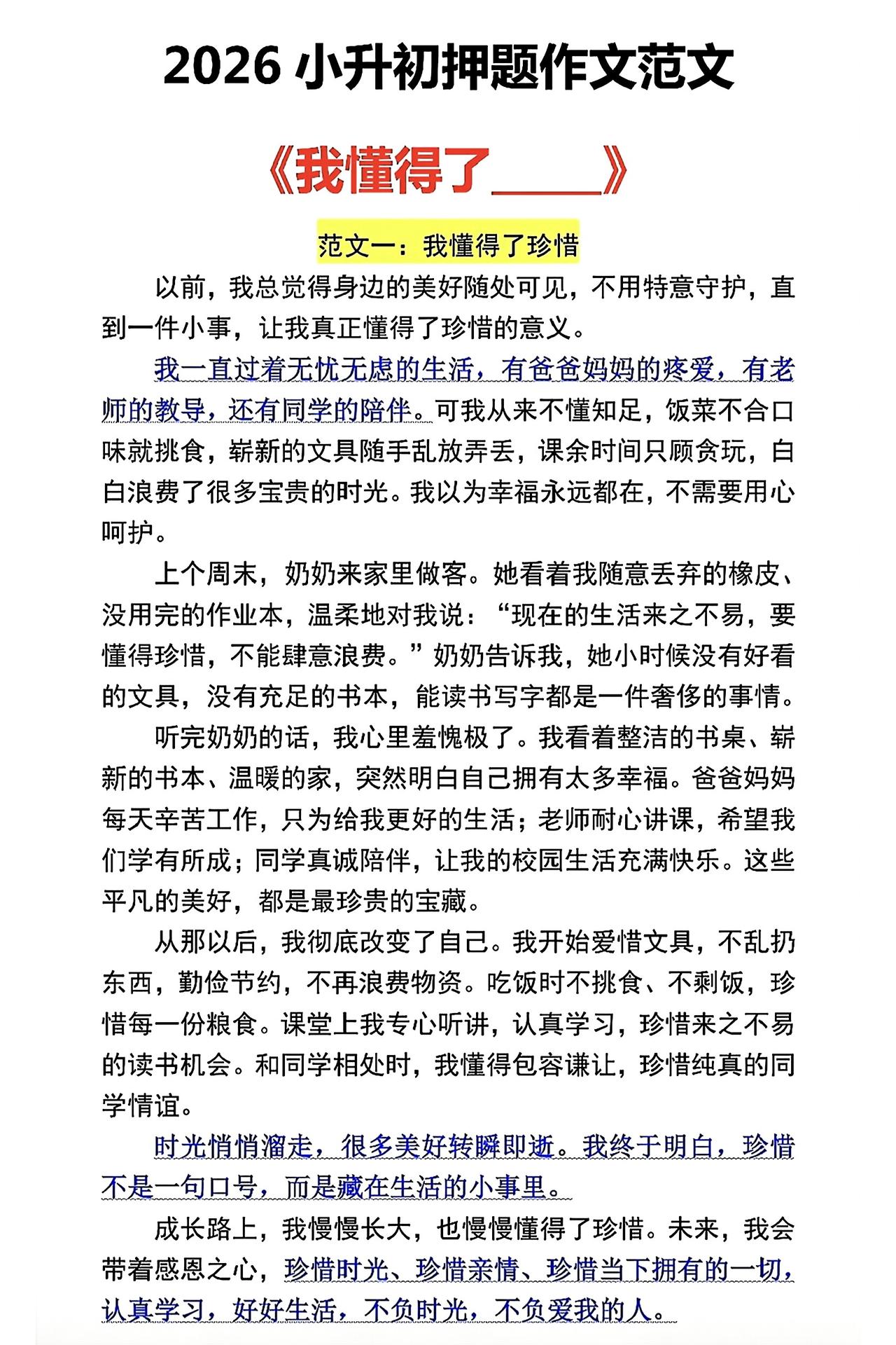 六年级下册语文，小升初语文押题作文《我懂得了——》精选范文5篇，收藏备用