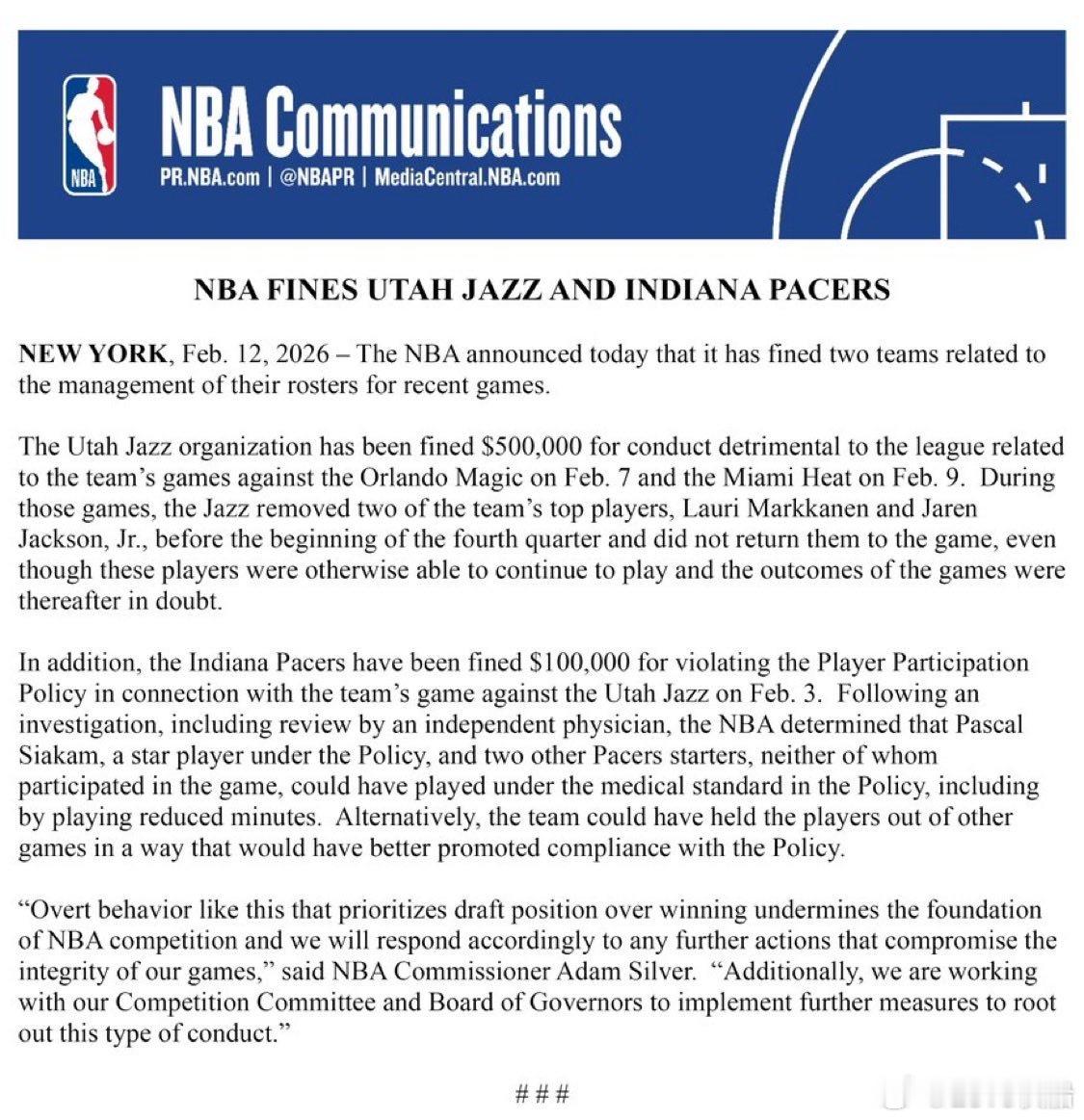 Shams：2月7日和9日，爵士队在第四节开始前将劳里·马尔卡宁和贾伦·杰克逊换