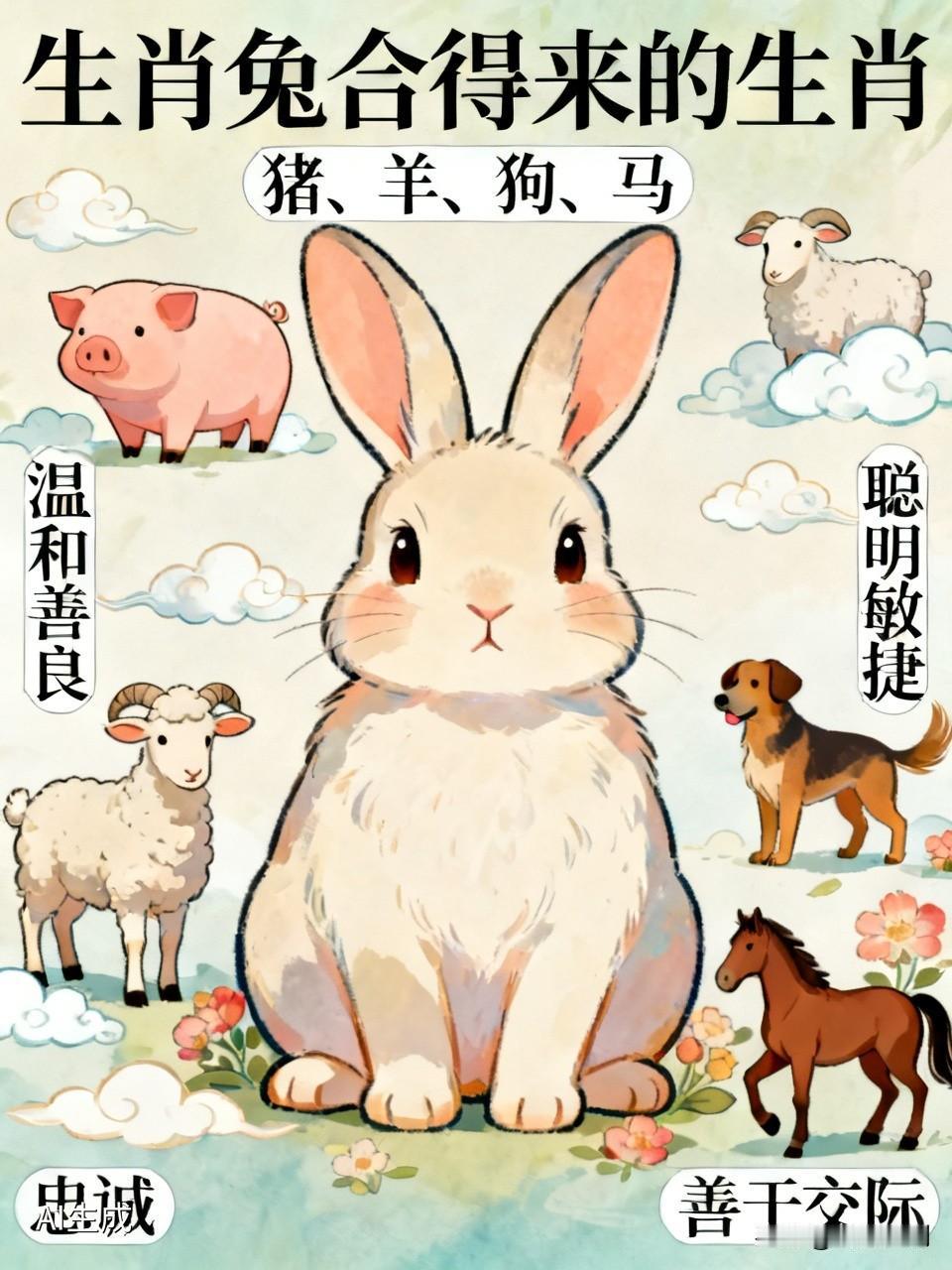 要说十二生肖里生肖兔和谁合得来，还真有不少。生肖兔温和善良又聪明，跟生肖猪、羊、