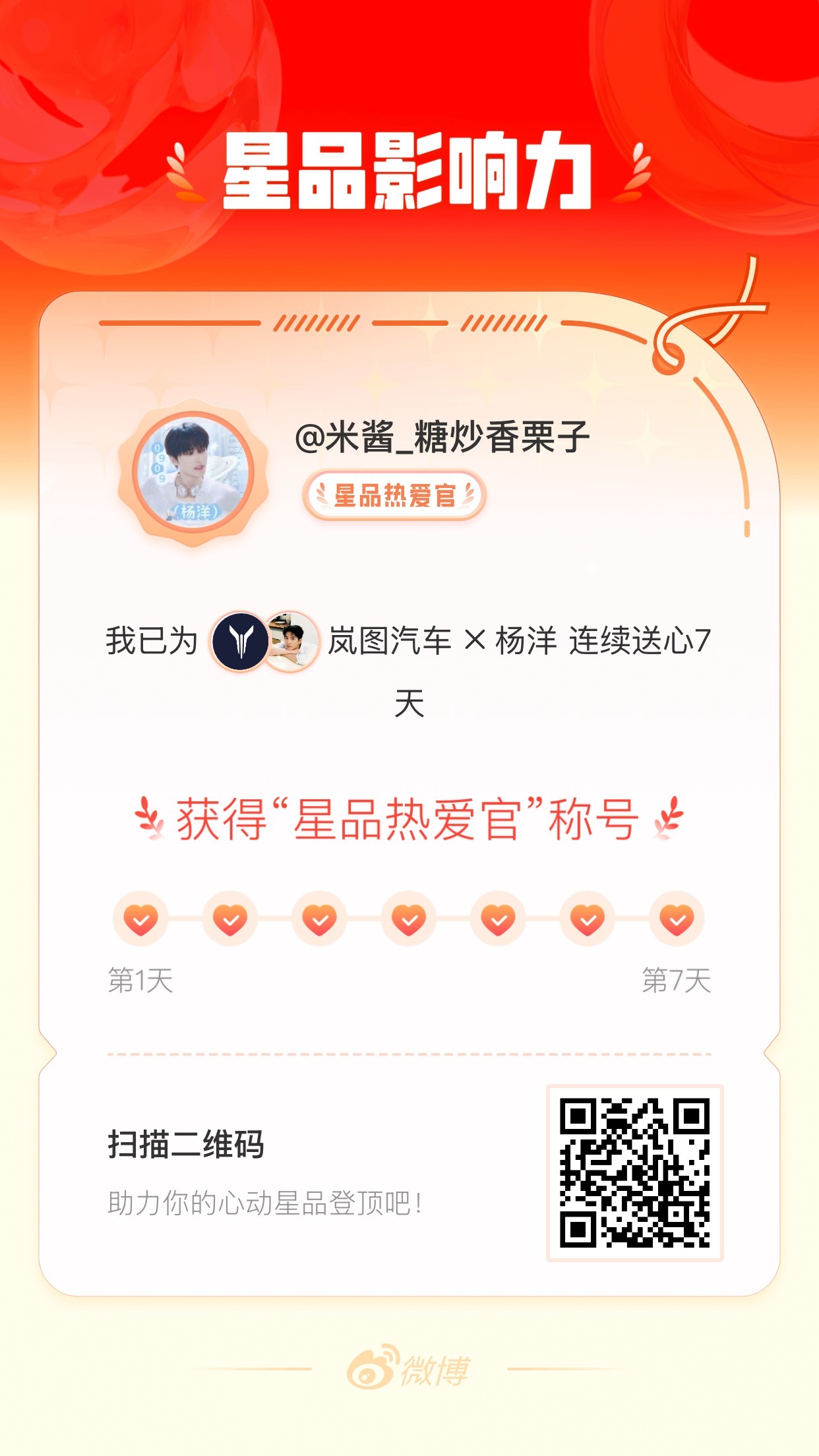 我在星品影响力上为 X 连续送心7天，获得“星品热爱官”称号！快来一起pick你