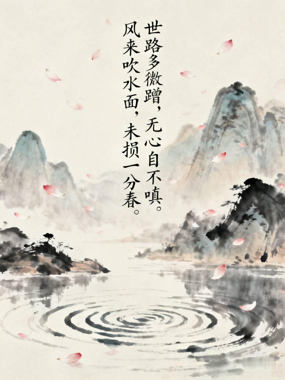 无心刮蹭
世路多微蹭，无心自不嗔。
风来吹水面，未损一分春。

不惊春骨
尘途偶