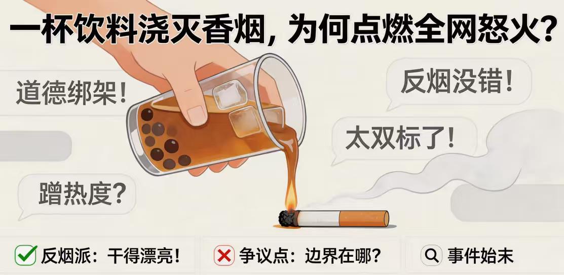 一杯饮料浇灭香烟，为何点燃全网怒火？
> 一杯杨梅汁，浇灭的是一支烟，点燃的是一