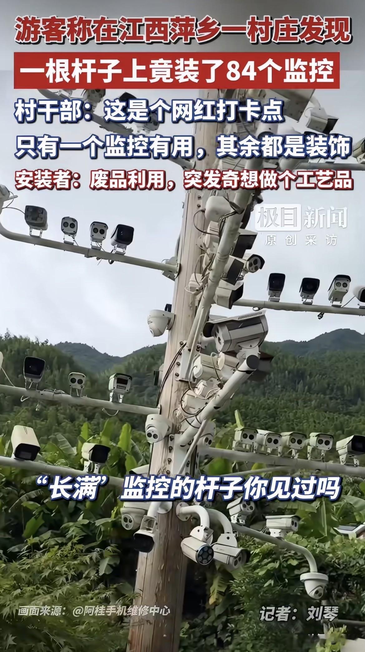 一根杆子，84个摄像头，密密麻麻跟马蜂窝一样，四面八方全怼满了。

游客在江西萍