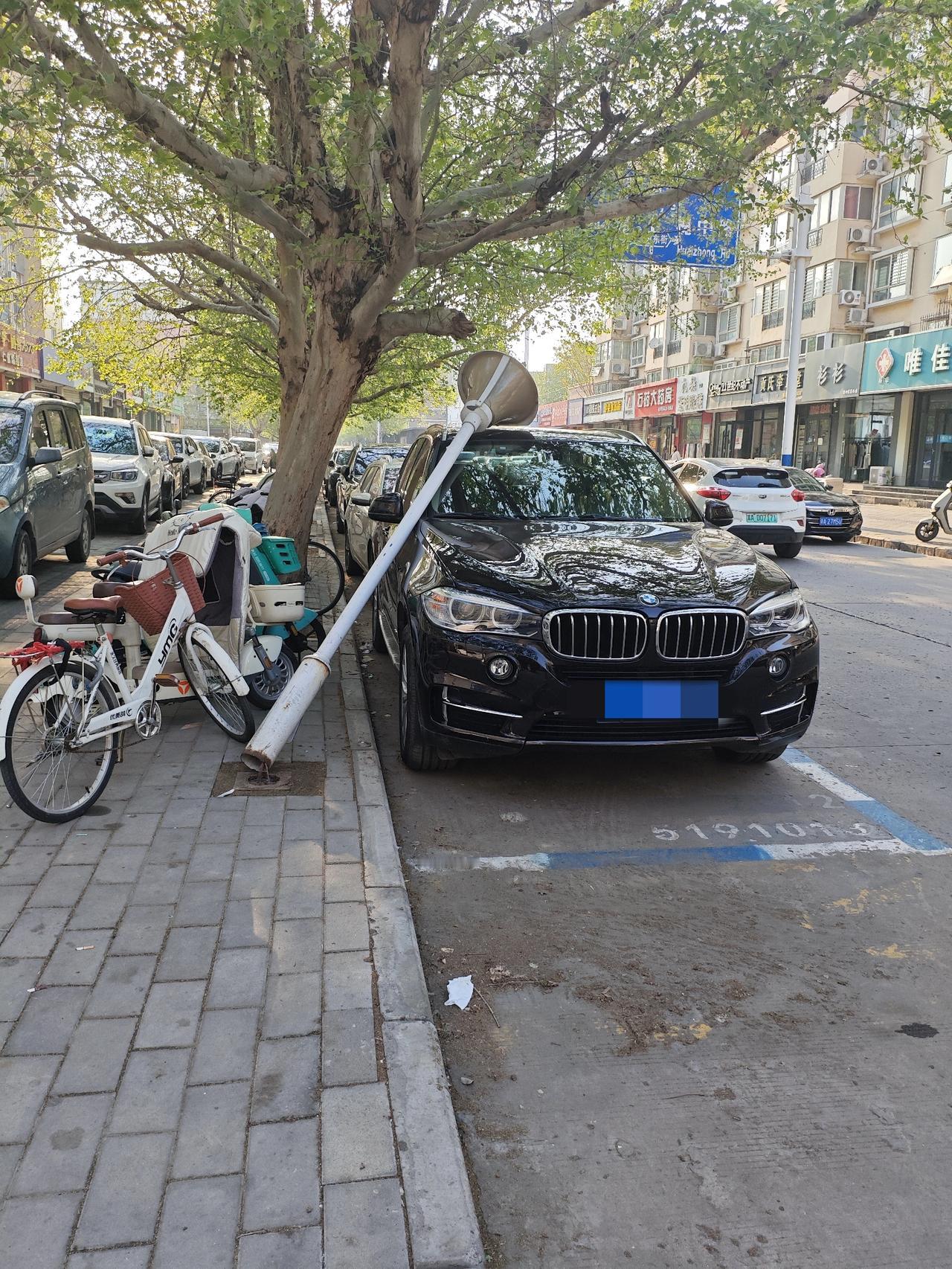 东方美景路边一路灯到了，砸到一宝马车，宝马车主真真无妄之灾，这种情况是找路政索赔