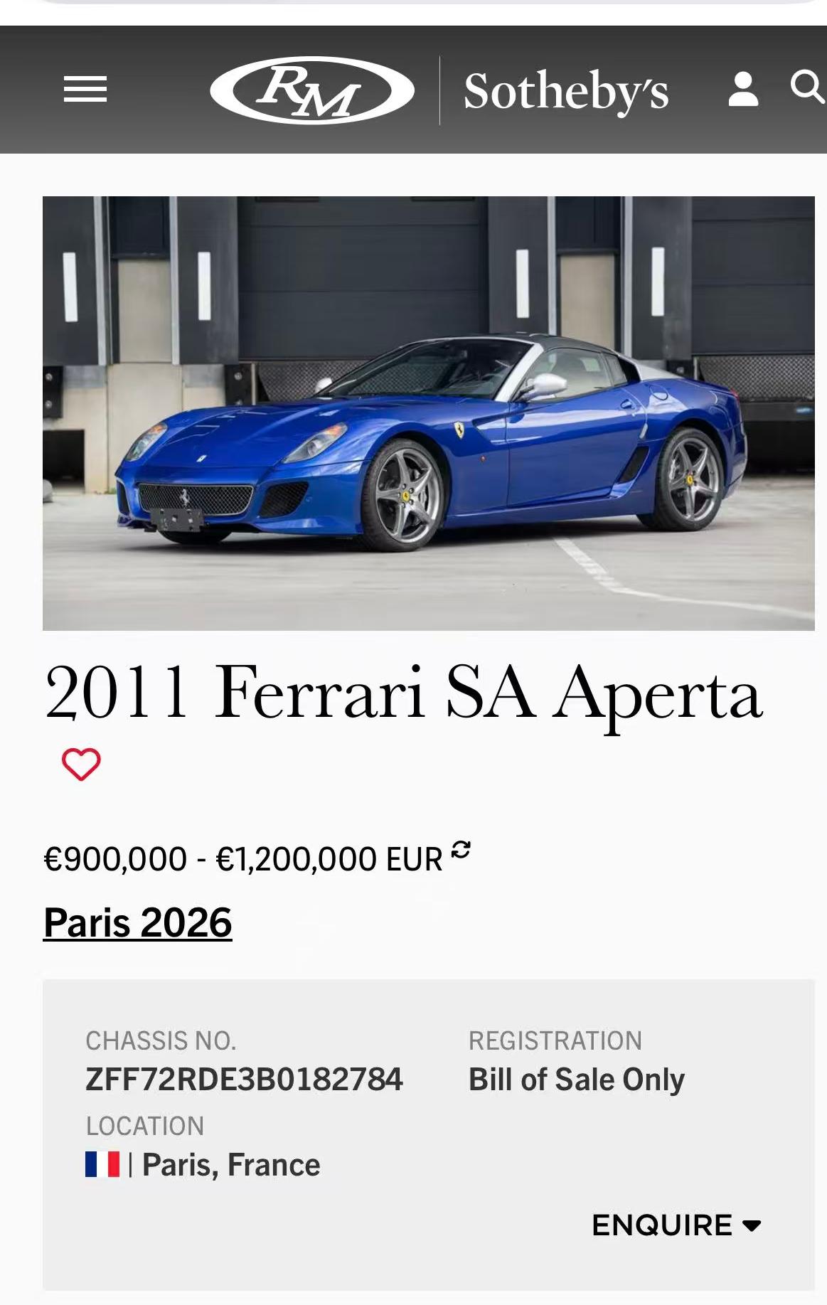 内地法拉利SA Aperta数量减1。从今往后，内地SA Aperta...