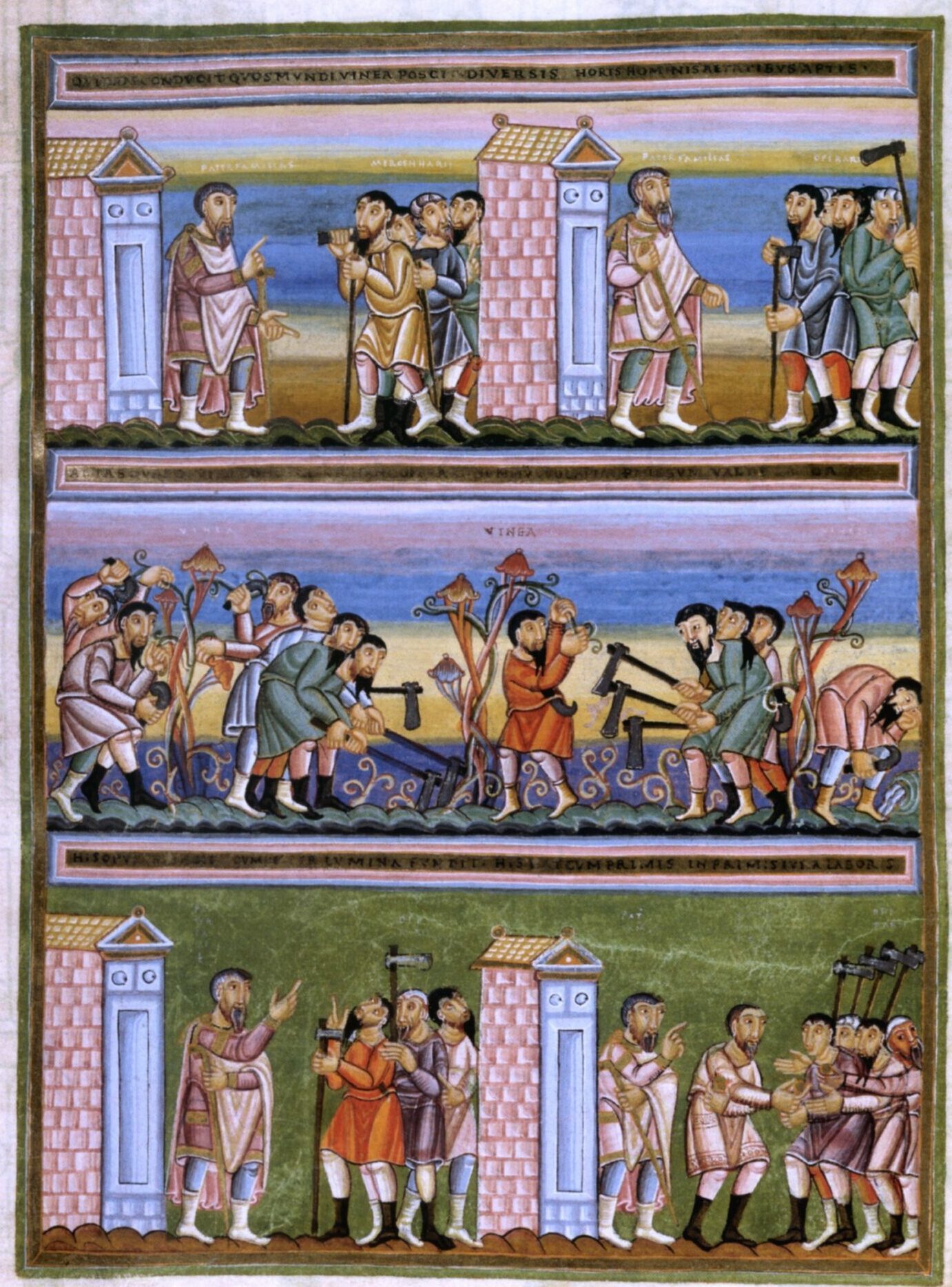 描绘葡萄园工人寓言的插画，出自Codex aureus Epternacensi