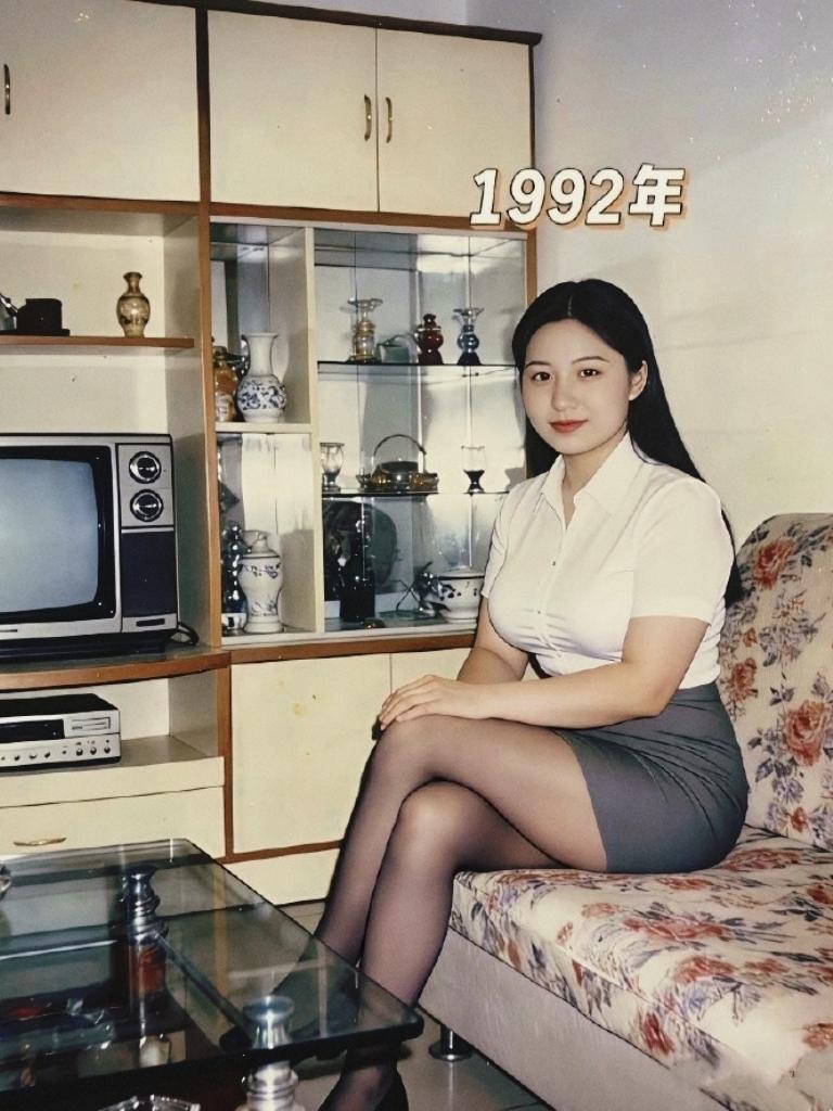 1992年的照片，姑姑年轻时的样子。
白衬衫+包臀裙，简单的穿搭，却透着说不出的