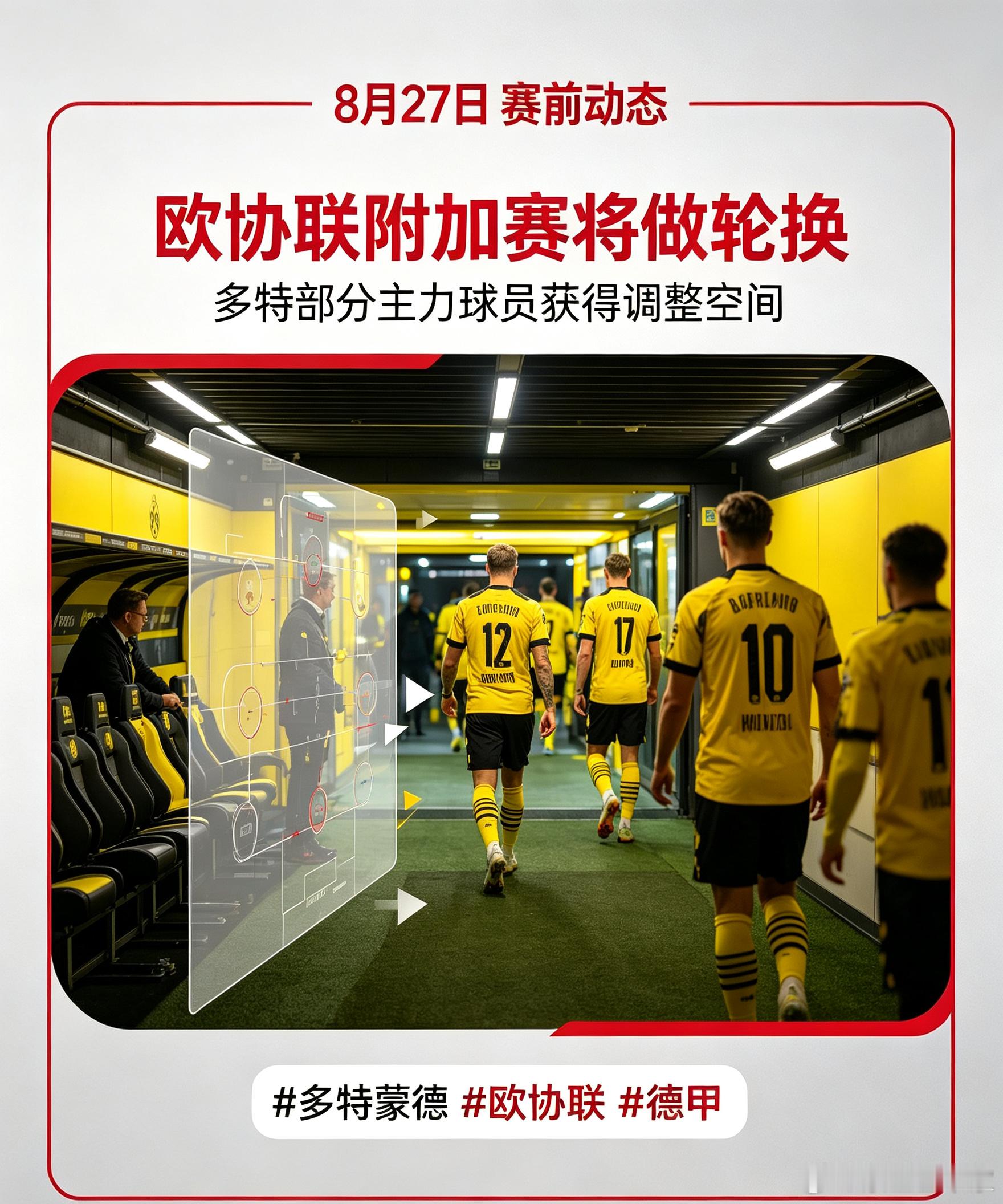欧战备战速递｜多特主帅发布会官宣轮换方案，部分主力或将无缘本场欧协联附加赛。多特