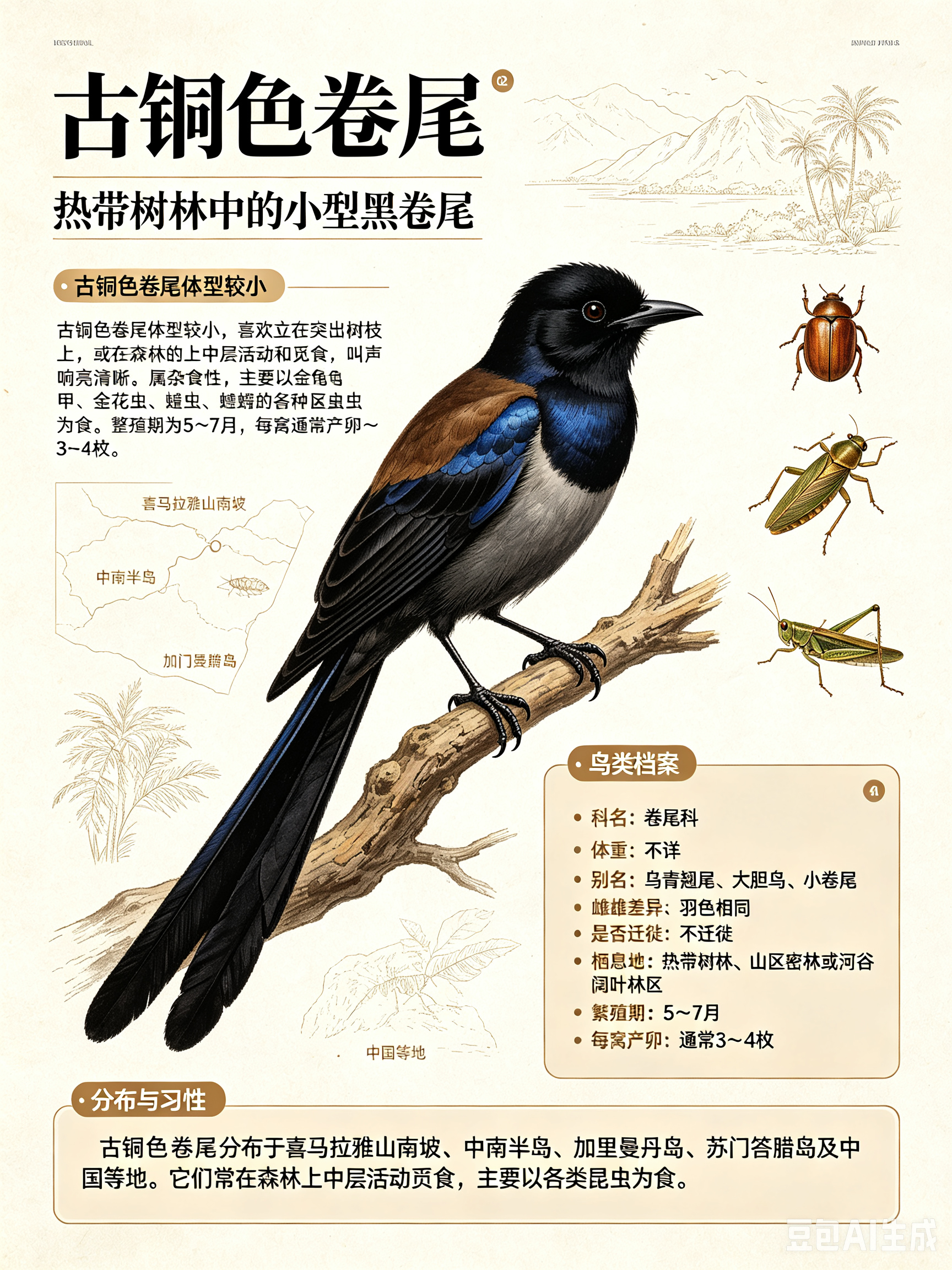 鸟类朋友图鉴 古铜色卷尾科名：卷尾科体重：不详别名：乌青翘尾、大胆鸟、小卷尾古铜