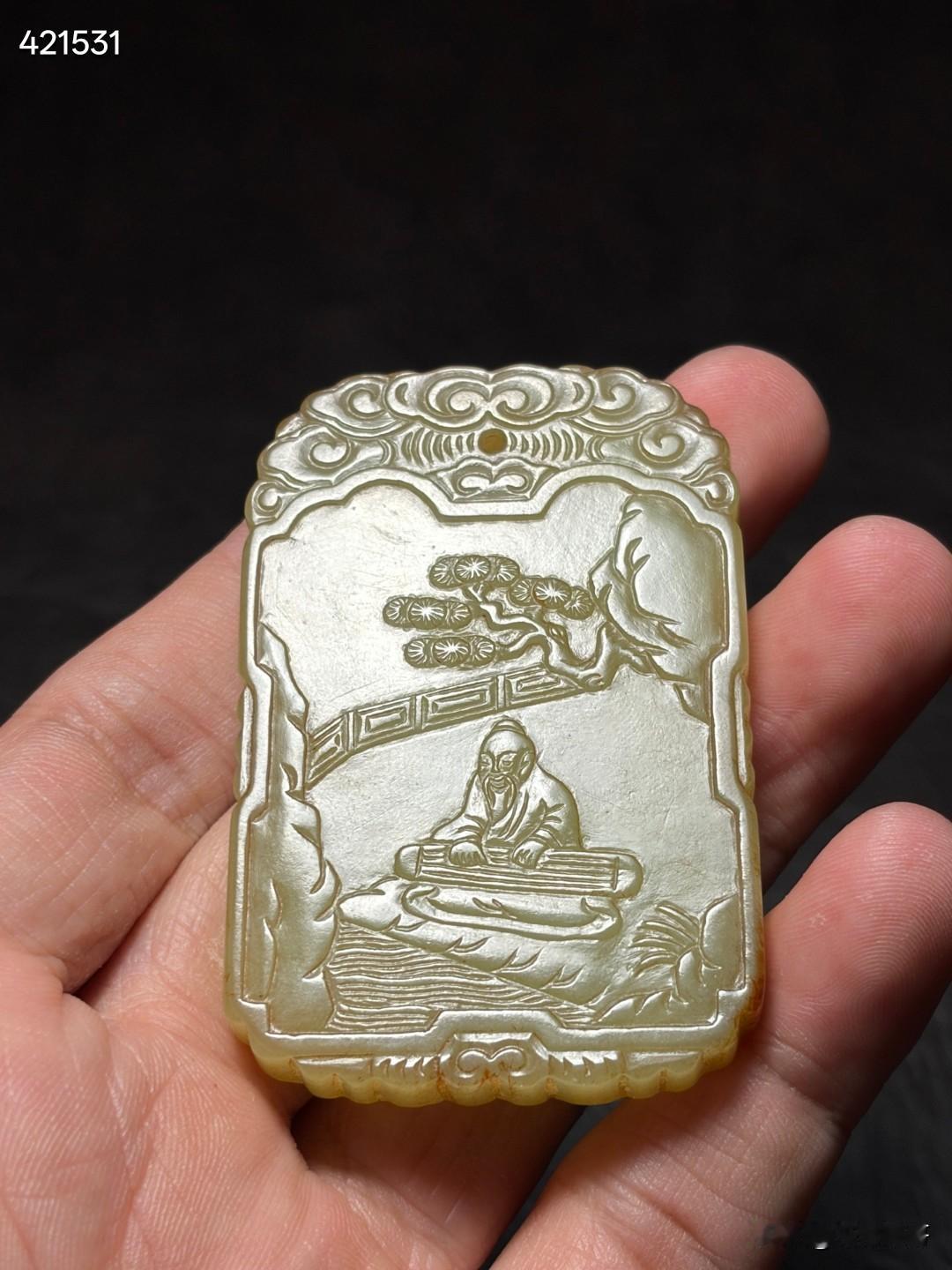 清和田玉黄玉伯牙子抚琴诗文牌
尺寸6×4×0.7厘米，重量45.6克
