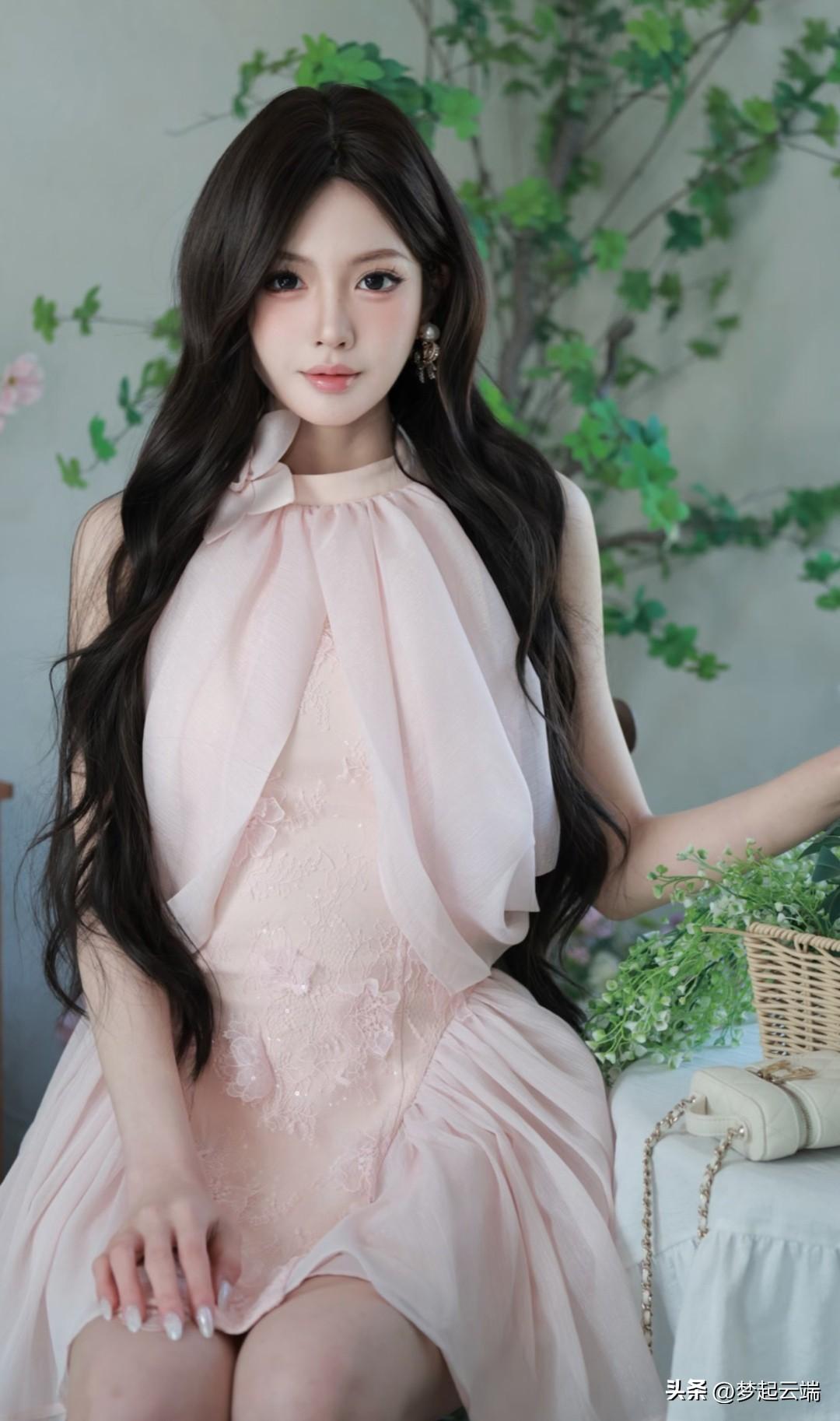 梦幻少女风，粉色蕾丝裙，优雅气质，甜美可人。