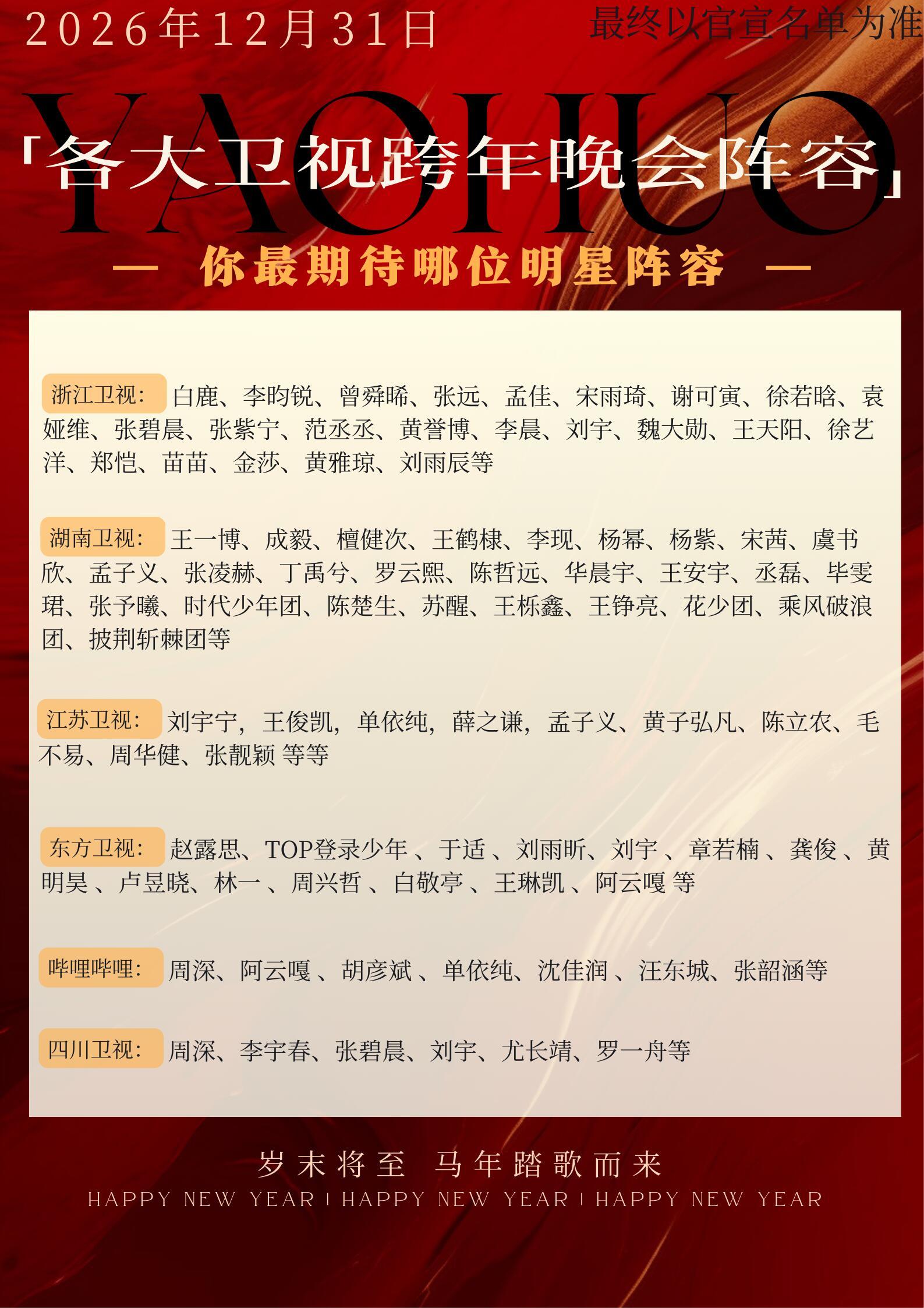 网传2026各大晚会跨年晚会阵容 