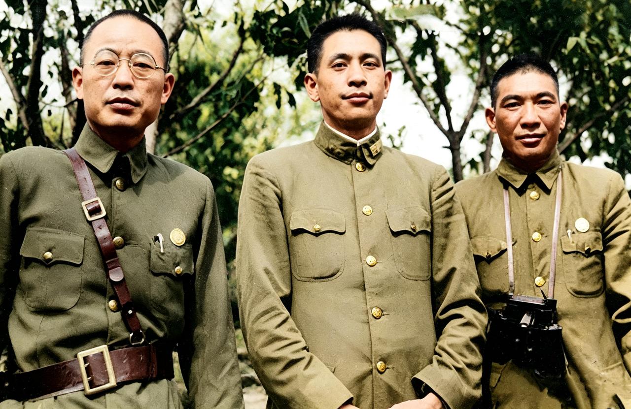 这是淞沪前线八十八师三位主将，中间个头最高的是飞将军师长孙元良、左边戴眼镜的是儒