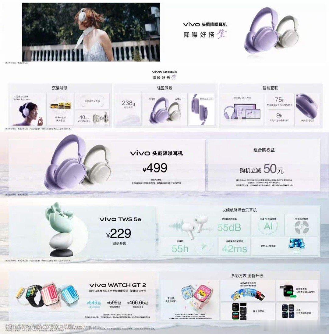 vivo头戴降噪耳机｜定价499元。至高58dB主动降噪，238g轻量机身，75