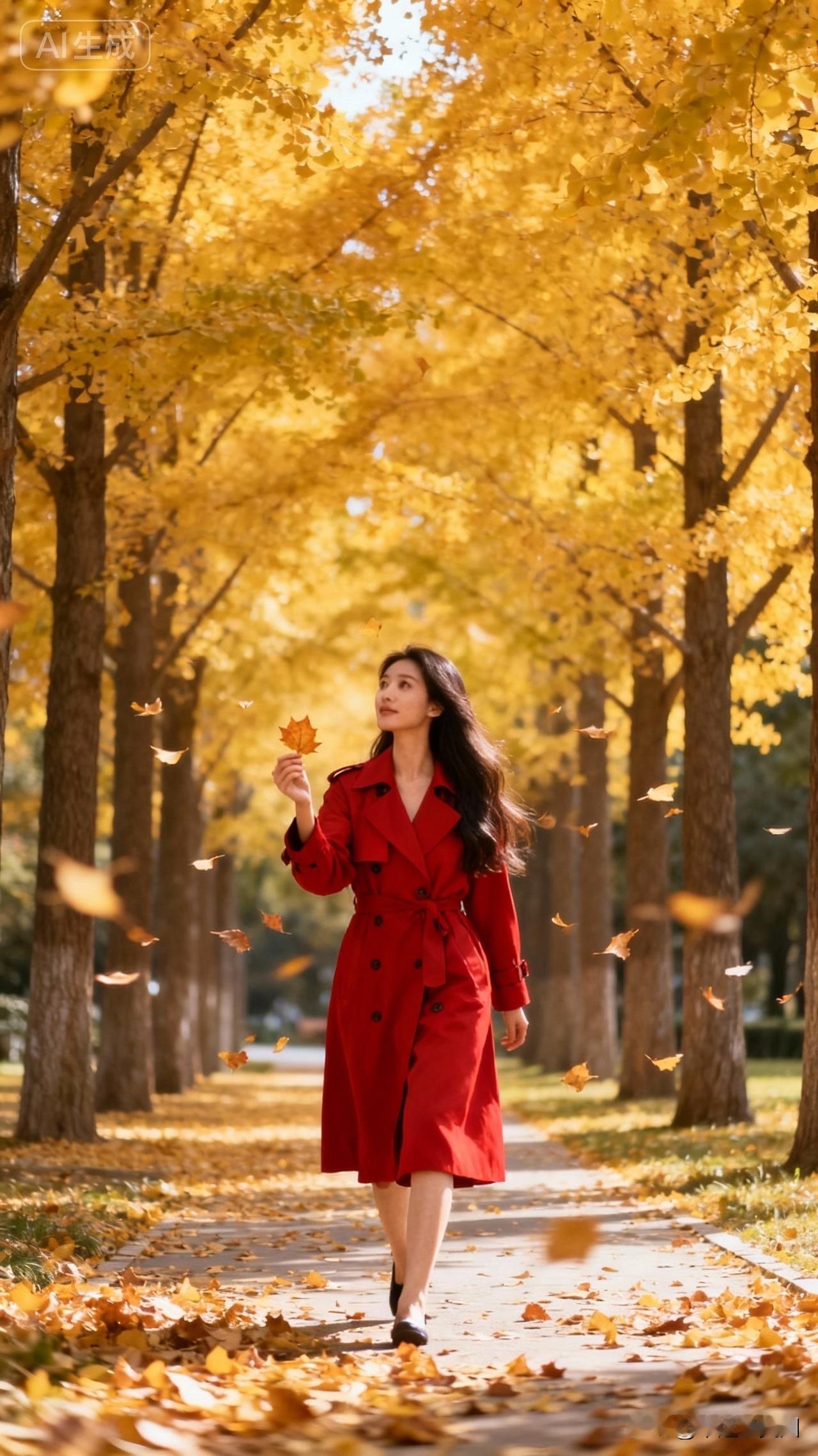 秋日漫步，红衣少女与金黄落叶共舞