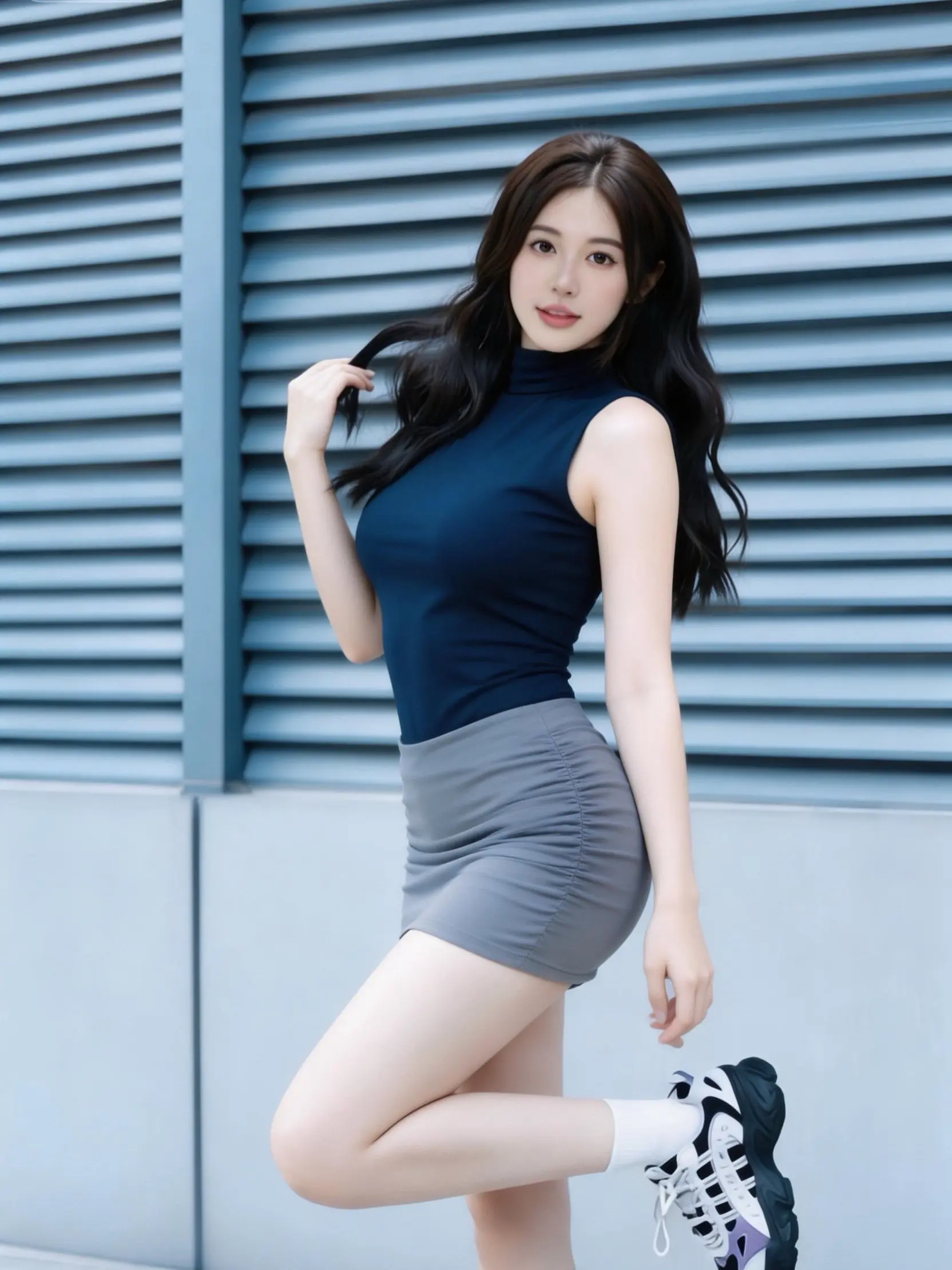 酷飒辣妹风。         藏青无袖+灰包臀裙、街头感与辣妹感直接拉满！