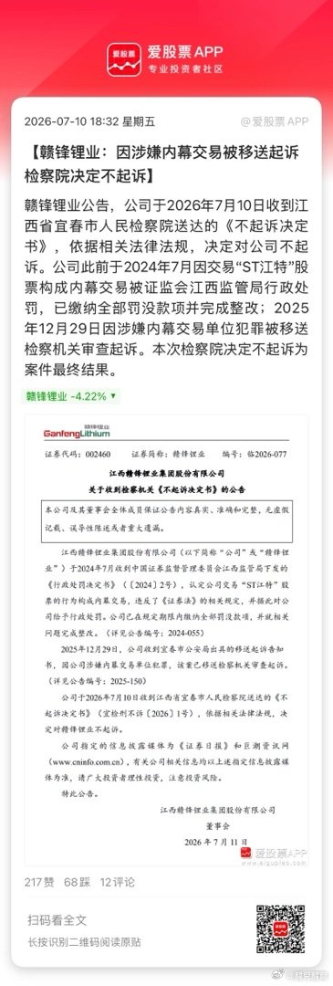 【赣锋锂业：因涉嫌内幕交易被移送起诉 检察院决定不起诉】赣锋锂业公告，公司于20