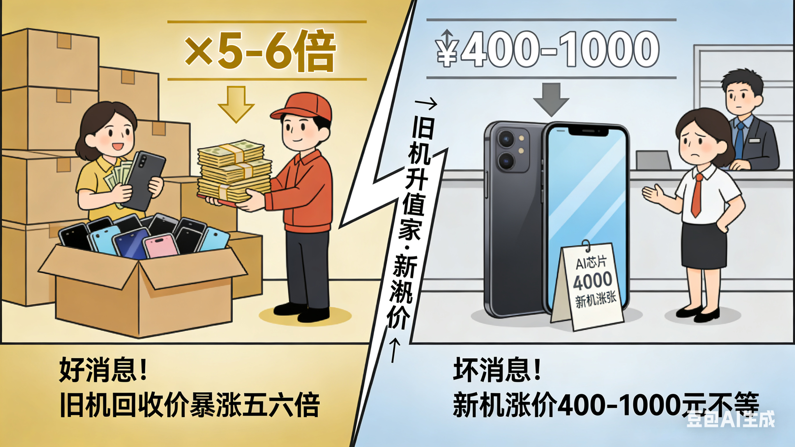 好消息：旧手机回收价暴涨五六倍坏消息：新机手机涨价400-1000元不等有利有弊