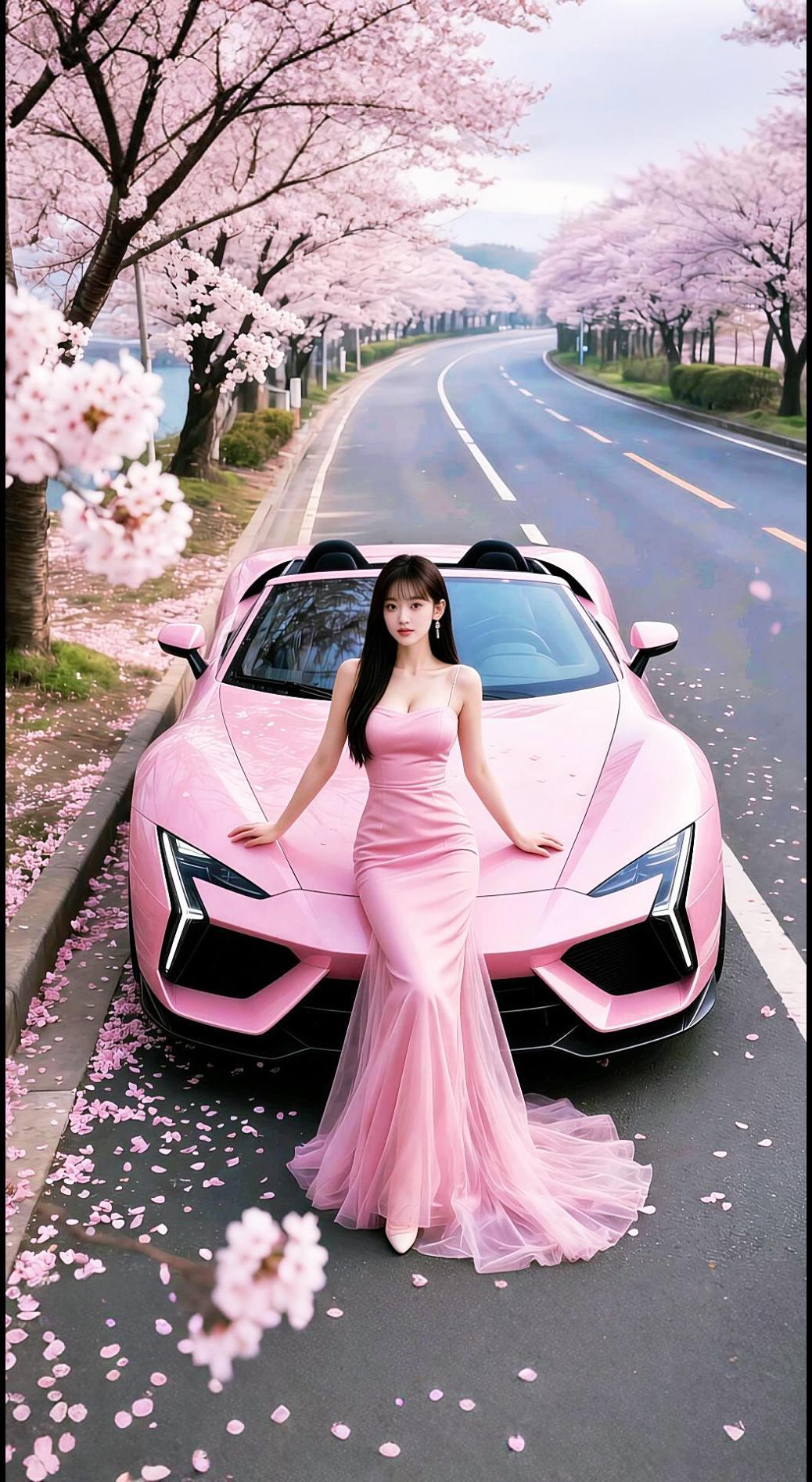 豪车美女 樱花与爱车 美女车模 粉色系 清纯甜美