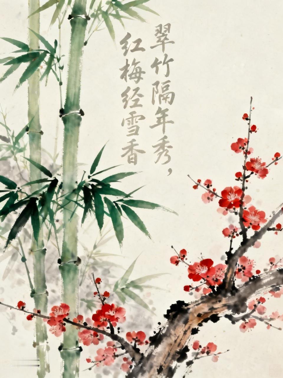 上联：翠竹隔年秀，
           下联：红梅经雪香。