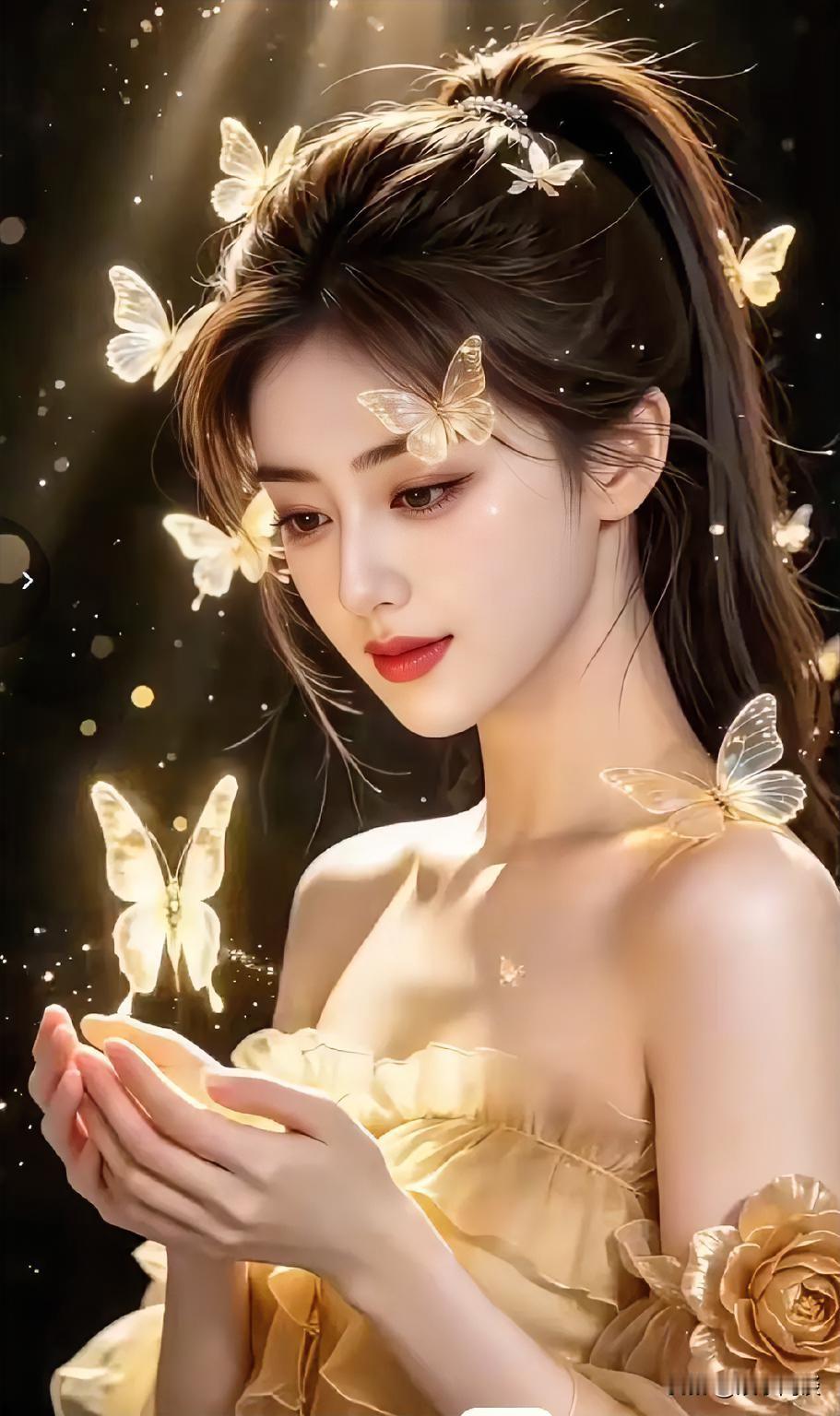 仙女在花瓣和蝴蝶中祈祷。