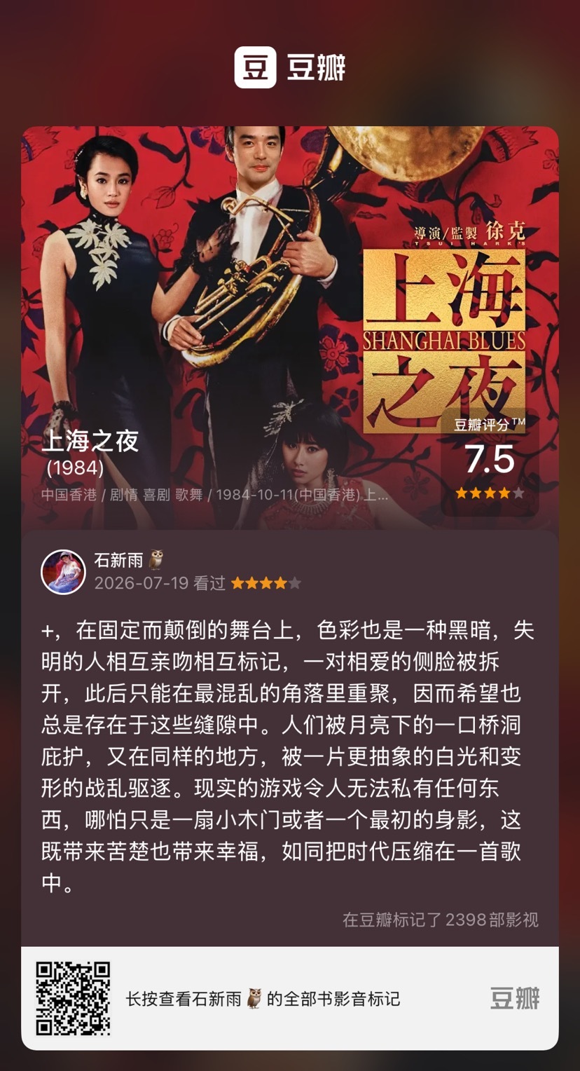 看了《上海之夜》，真是一部伟大的作品。施南生和徐克的电影工作室的开山之作。 