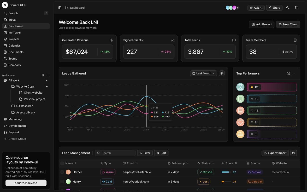使用 @shadcn 构建的开源仪表板布局