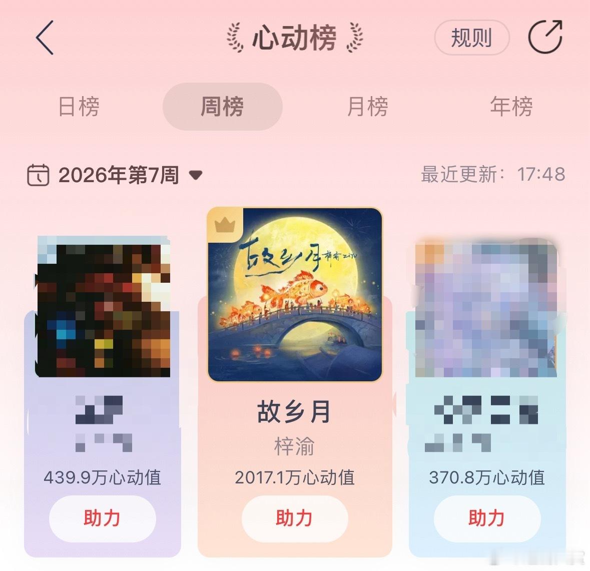 梓渝新歌《故乡月》心动值破2000w，又是最快破纪录，登上年榜、月榜、周榜、日榜