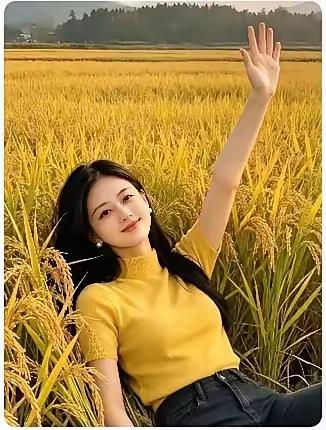 霜打晚秋凉，
稻浪泛金黄。
美女卧田埂，
含笑面朝阳。