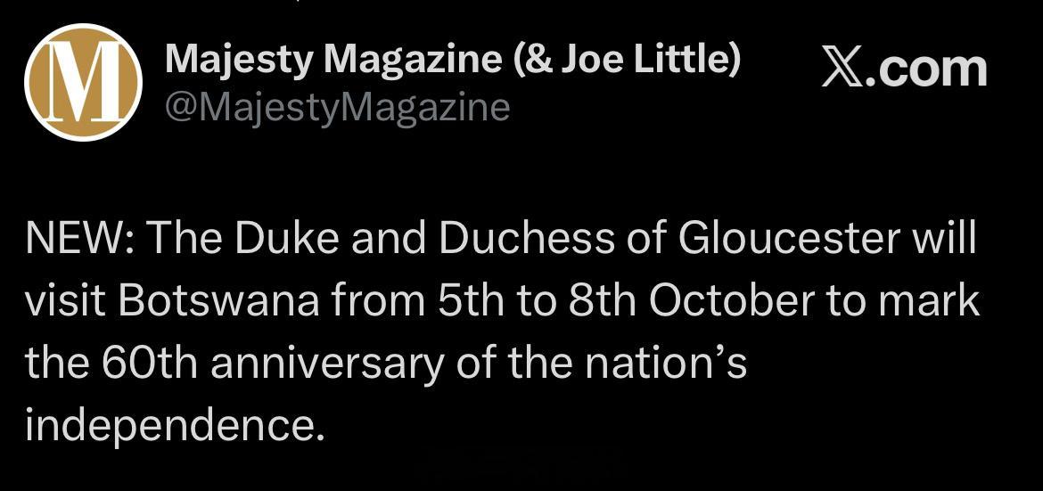 英国王室[超话]  【预告】2026年10月5日至10月8日，格洛斯特公爵夫妇将