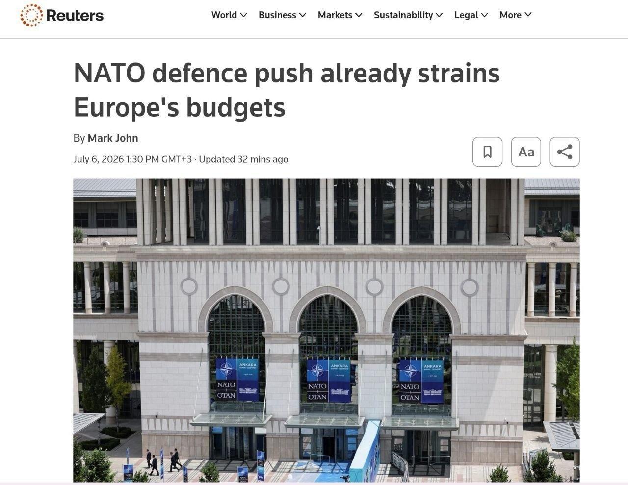 据彭博社报道，北约国家无力应对国防开支增加的挑战。
在达成到2035年将国防总开