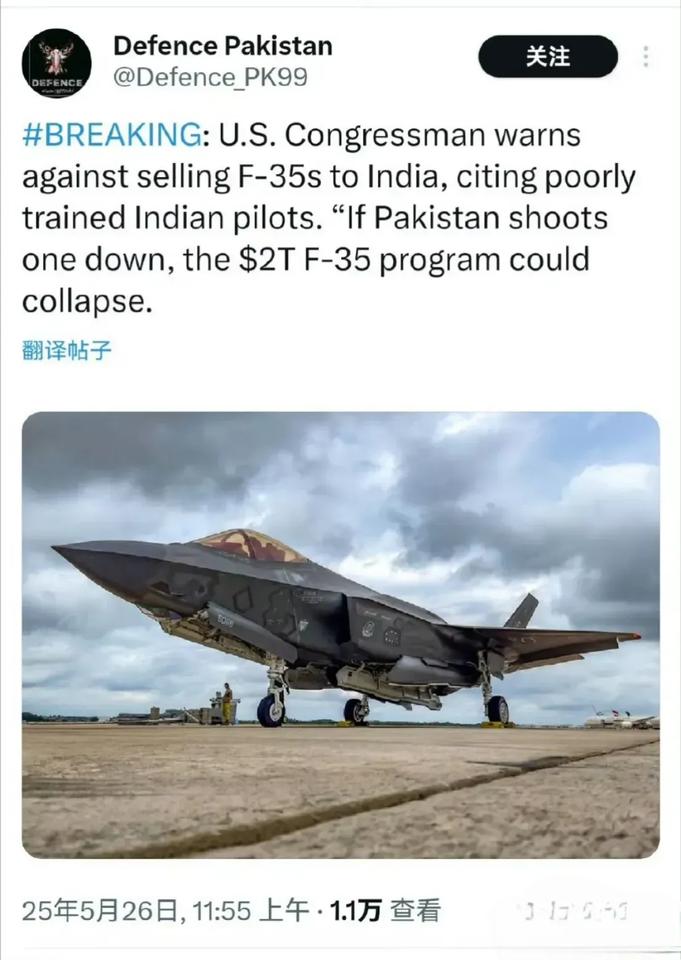 美国国会议员警告不要向印度出售F-35战机，因为印度飞行员训练不足。如果巴基斯坦
