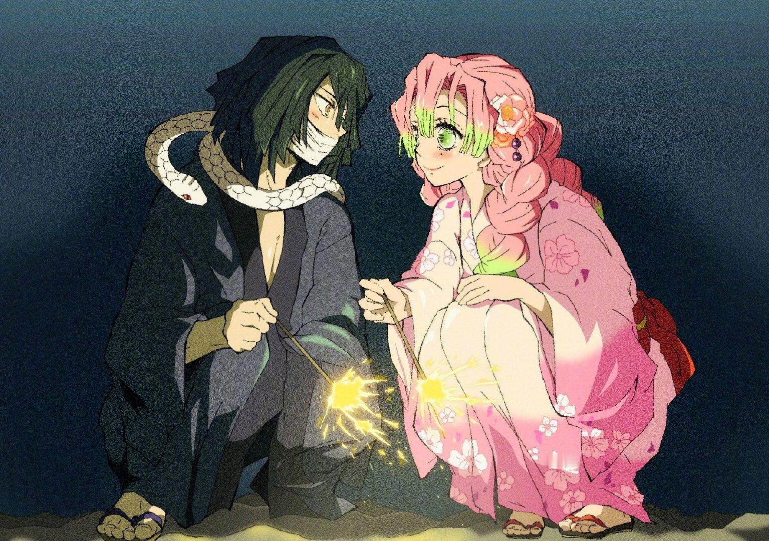 #鬼灭之刃# 伊黑小芭内和甘露寺蜜璃的花火约会🐍🍡 多么美好的蛇恋小情侣[泪