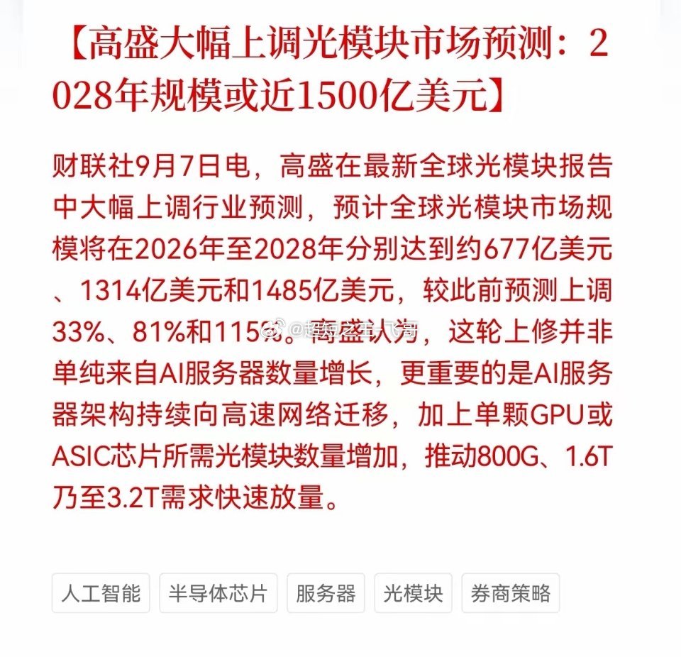 利好！光模块重大利好！高盛发布最新光模块重大利好消息！高盛大幅上调光模块市场预测