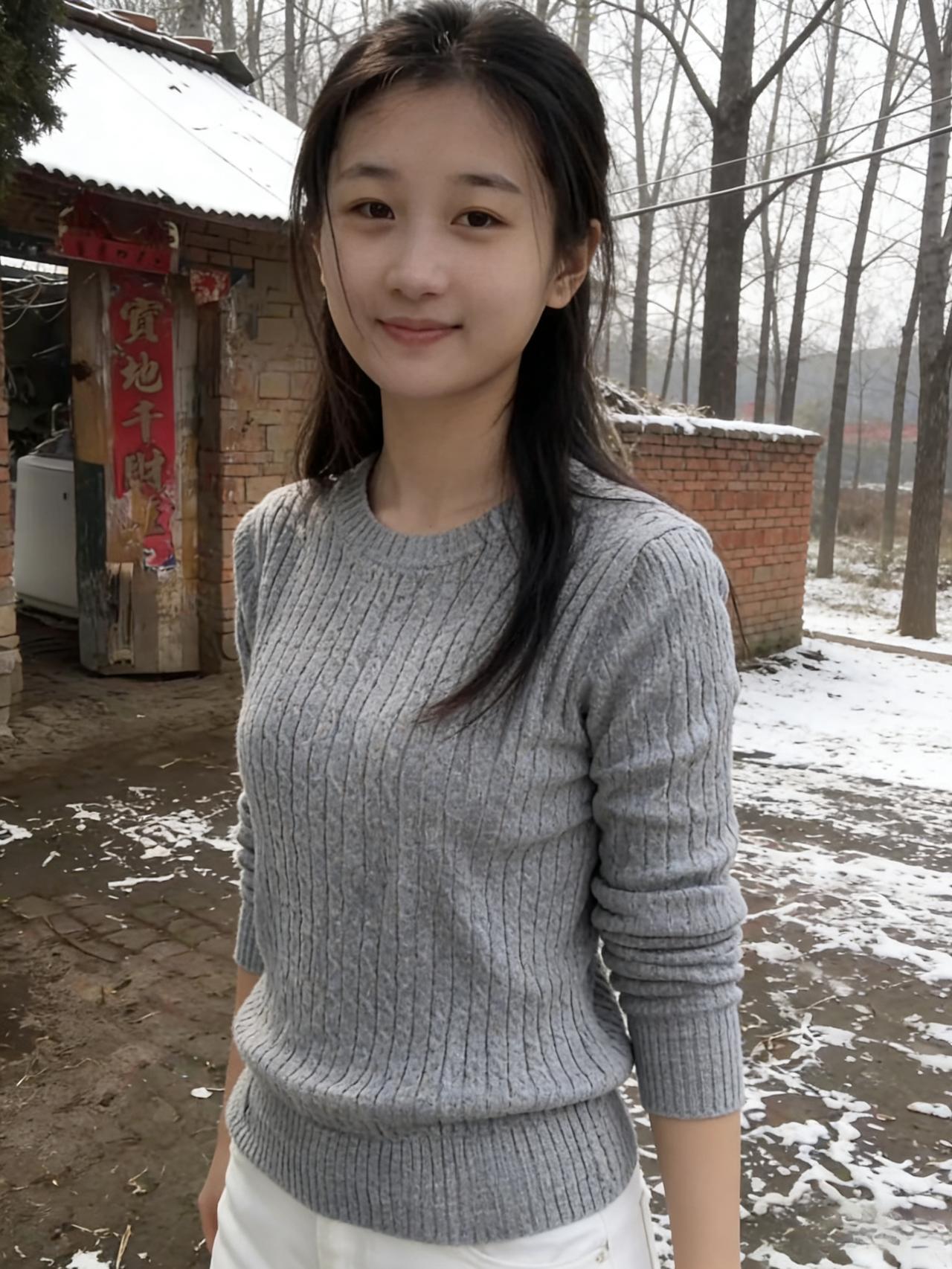 琼瑶初覆野人家，红联犹存岁华赊。
白裤轻沾阶畔雪，灰衫暗拥鬓边霞。
疏林瘦影摇寒