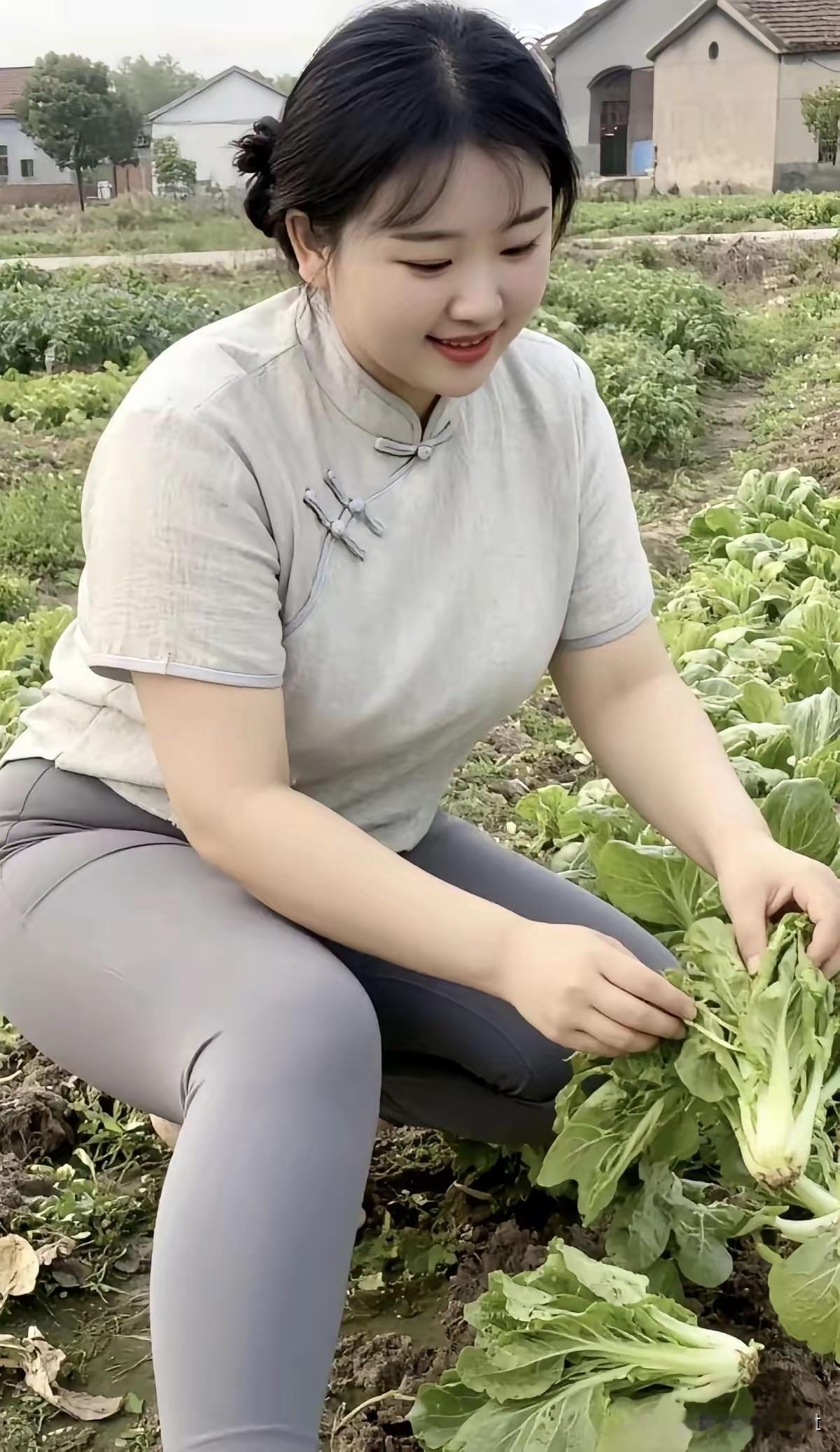 定风波·田畔
 
沃野风轻菜色鲜，素衣闲向陇头前。
手撷青蔬沾泥土，眉妩，笑颜浑