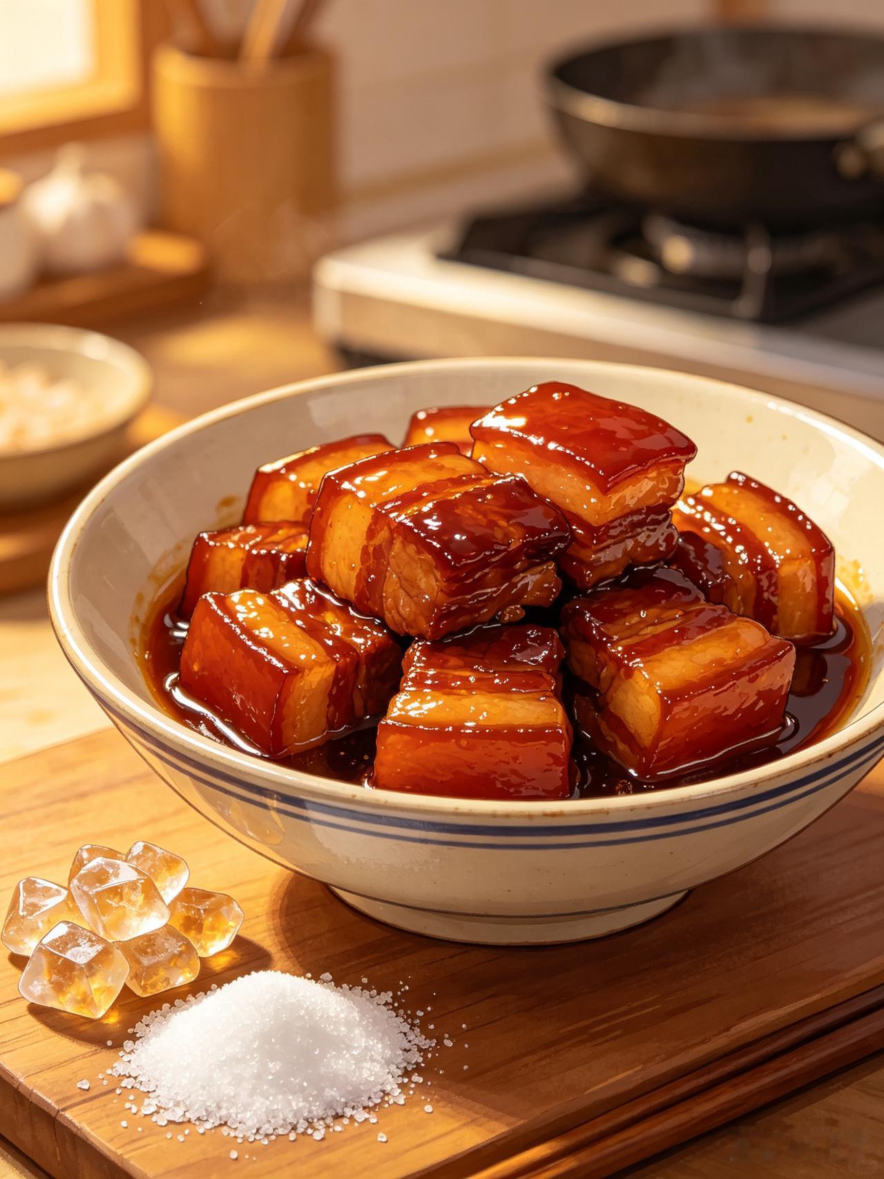 做红烧肉时，冰糖和白糖各有优势~冰糖能让红烧肉的色泽更红亮诱人，还能增添淡淡的清