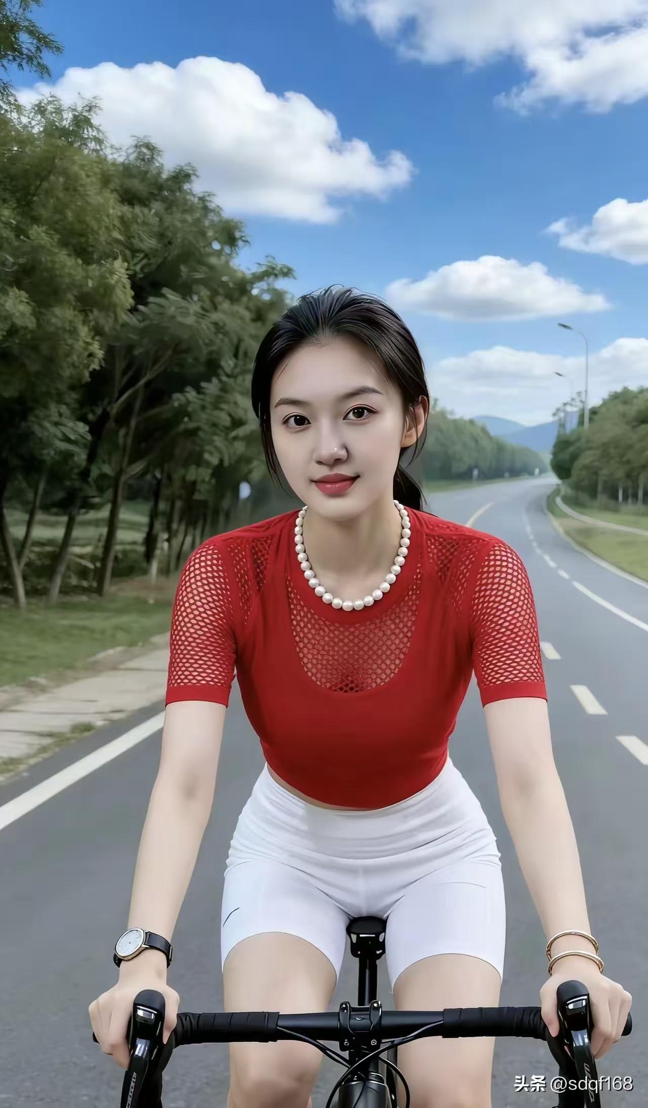 清江引·郊野骑行
红衫晓风轻舞袂，
单车葱茏里。
云垂远岫清，
绿绕长堤翠。
桃