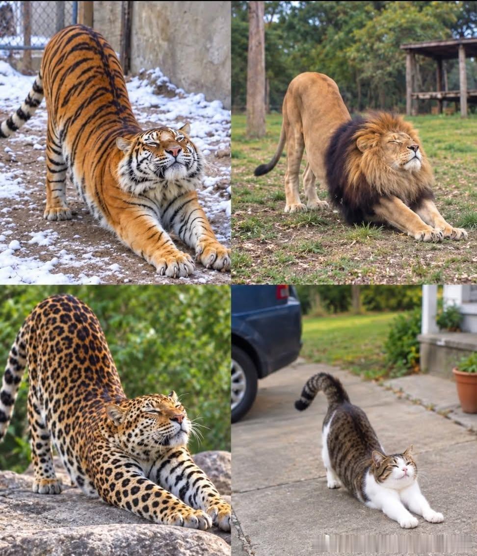 猫科动物（从家猫到狮、虎、豹）伸懒腰的动作高度一致，无论是体重只有几公斤的中华田