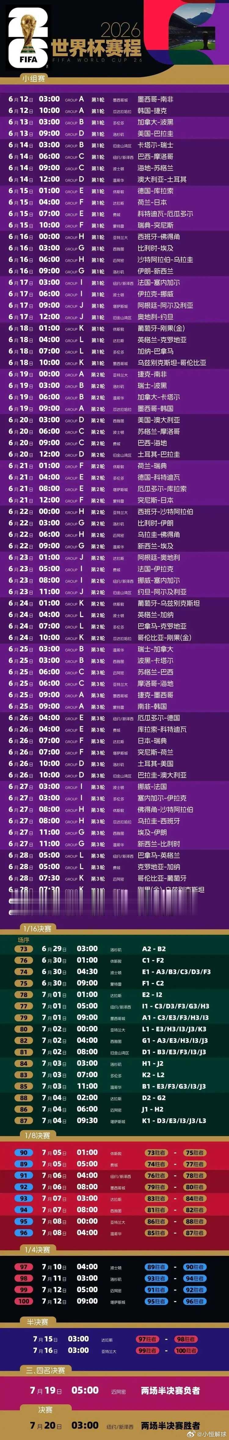 6月12日3时，墨西哥vs南非，本次世界杯的揭幕战；6月17日9时，阿根廷vs阿