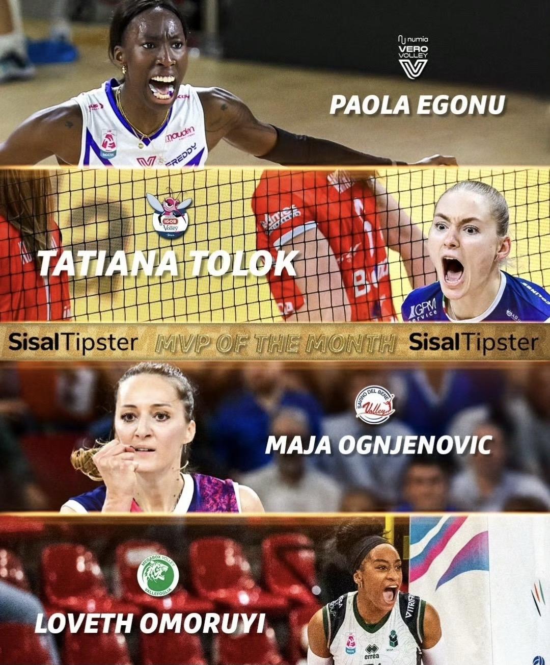 意甲女排联赛12月MVP候选人分别是，艾格努、托洛克、奥杰诺维奇、奥莫鲁伊的四人