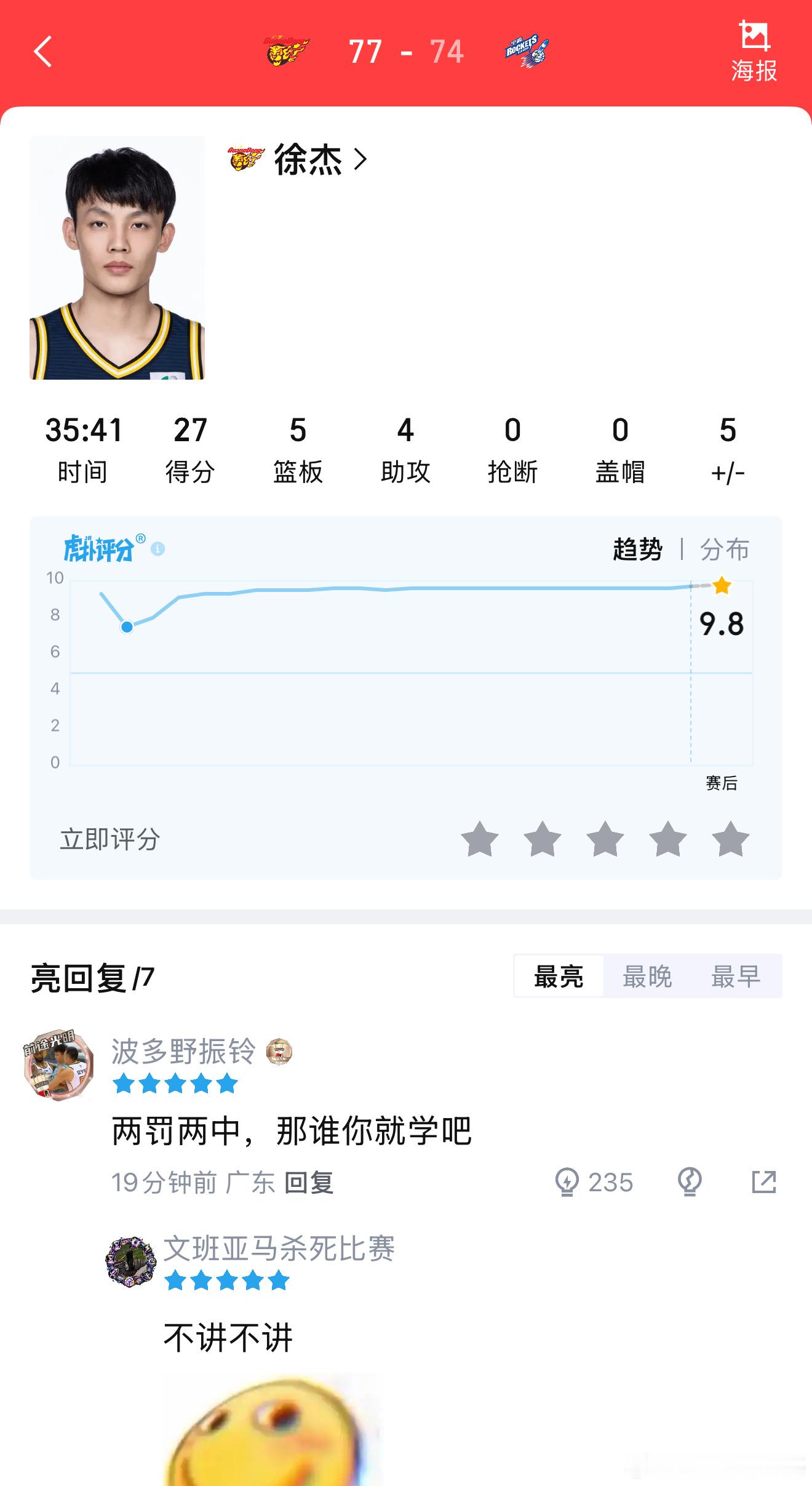 徐杰最后走上罚球线的时候全场球迷高呼MVP，他今天真的是拯救了广东队。 