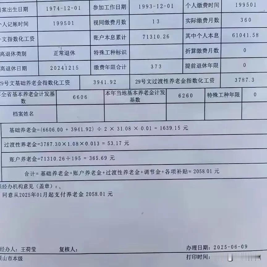 解读退休待遇核定表：31年工龄，月领2058元的现实图景
基本信息：
退休人员：